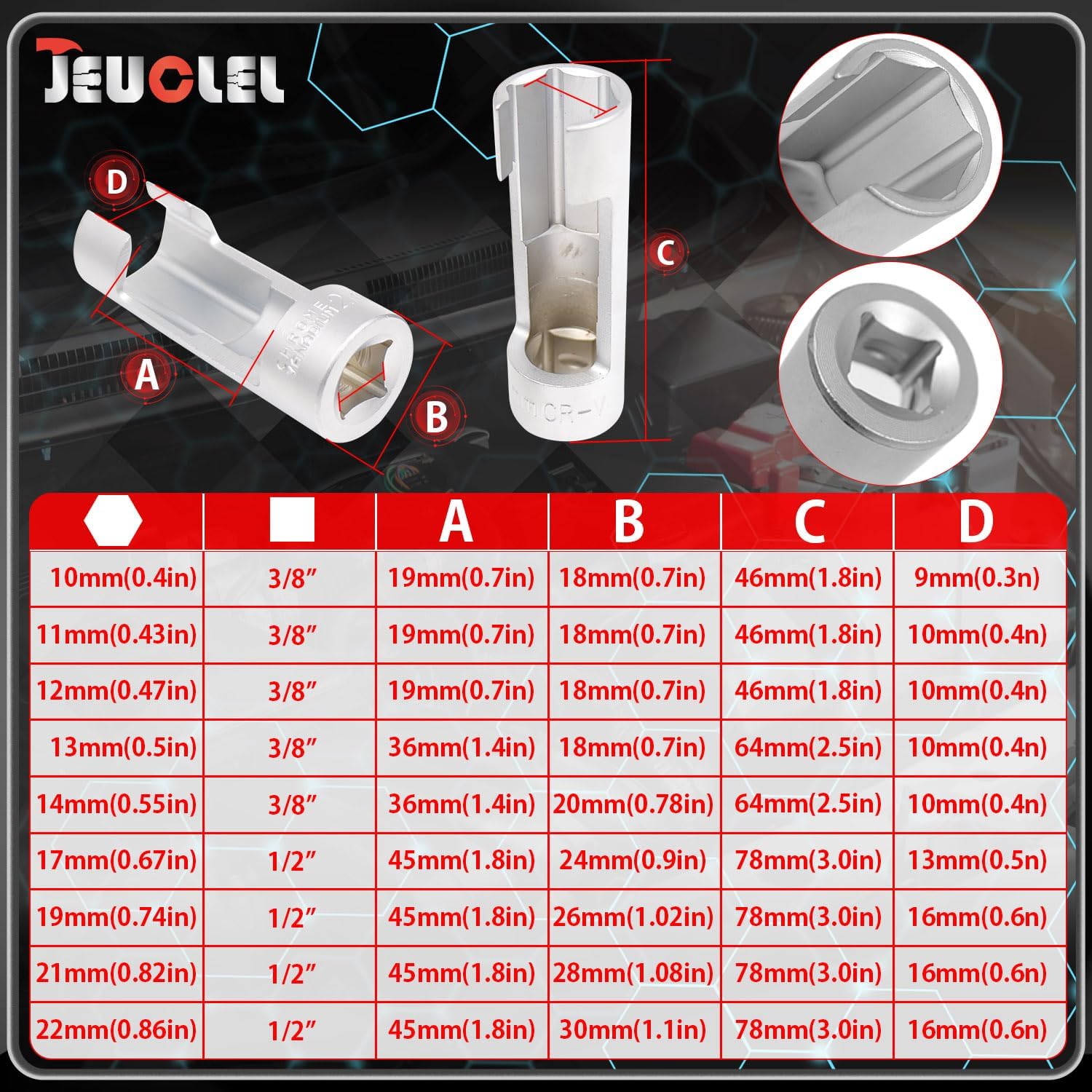 9PCS 10-22mm 3/8" 1/2" Drive Diesel Injector Fuel Line Socket Wrench Set, Metric Flare Nut Socket for Fastener on Bent Pipes, EGT Sensor, Thermo Switches, ABS Tubes, Master Cylinder