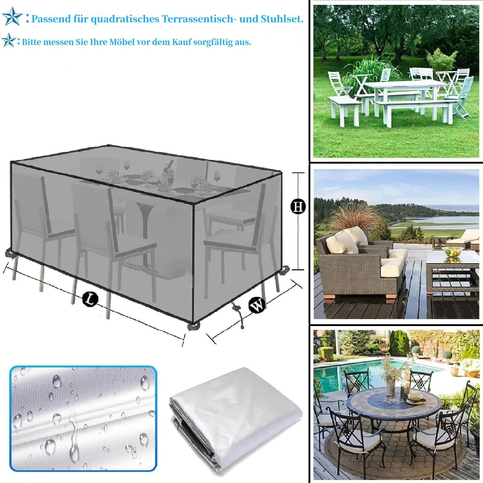 Gartenmöbel Abdeckung Wasserdicht 299x299x78cm Multi-Größe Silber Rechteckig Abdeckungen für Gartenmöbel Anti-UV 420D Oxford Gewebe Winddicht Gartentisch Schutzhülle Gartenmöbel Tisch