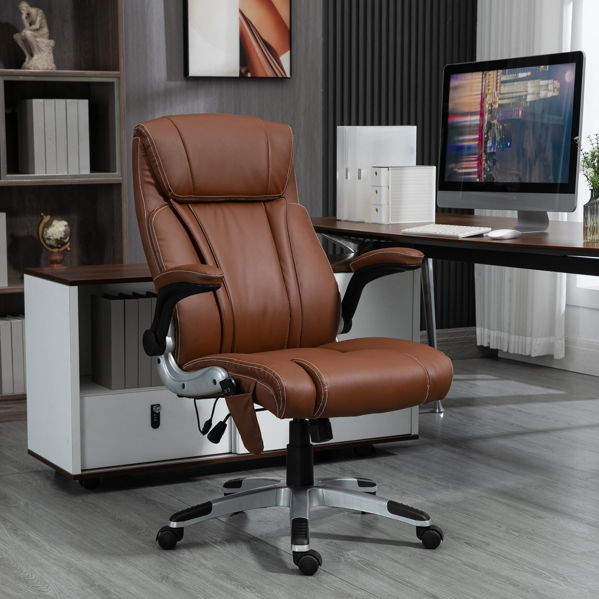 Vinsetto Executive Massage Office Chair with 6 Vibration Points, Heated Faux Leather Computer Desk Chair with Flip-up Armrest, Adjustable Height, Swivel Wheel, Brown