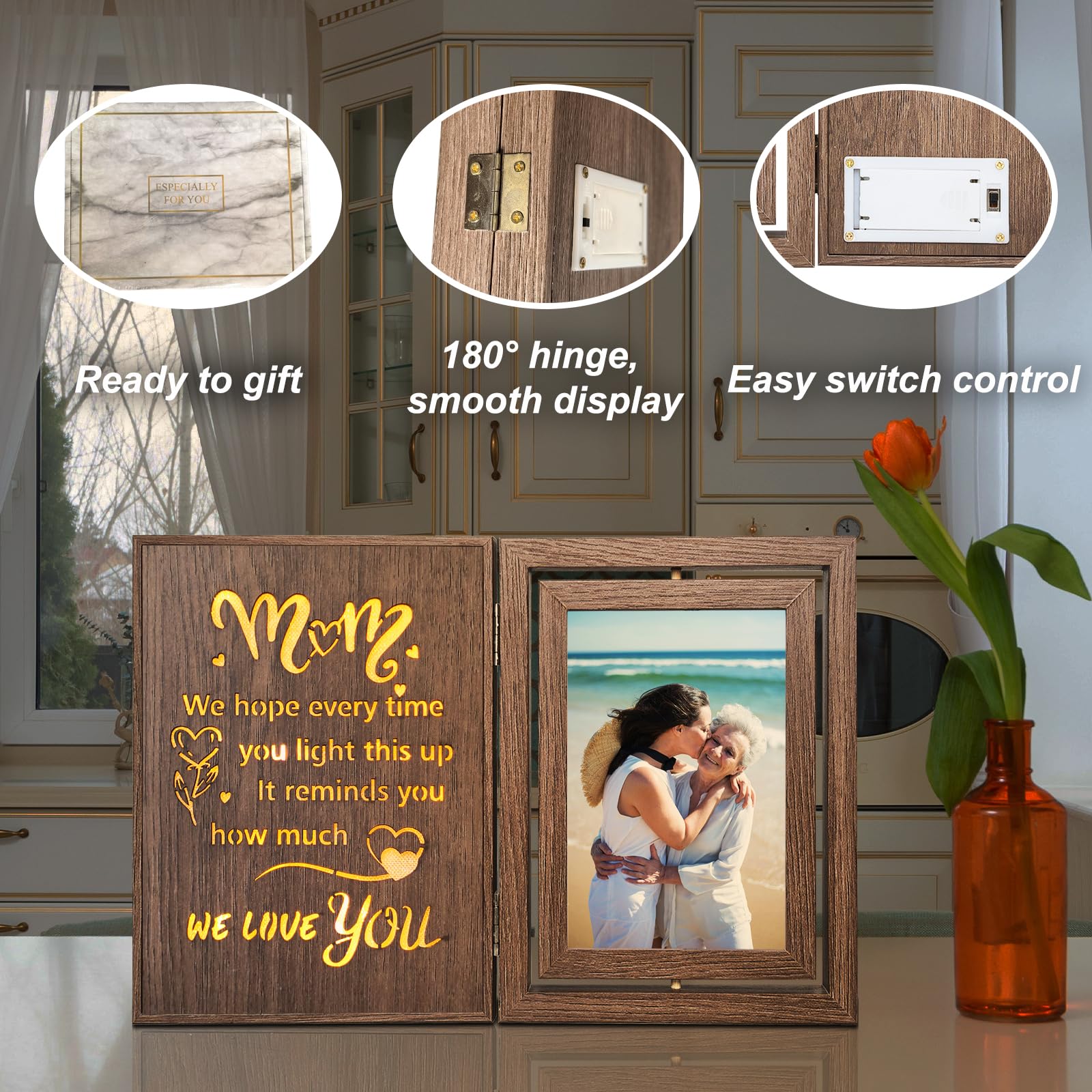 Light Up Mom Picture Frame From Son - Rotating Wooden Photo Frame For 2 Pictures With Emotional Quote
