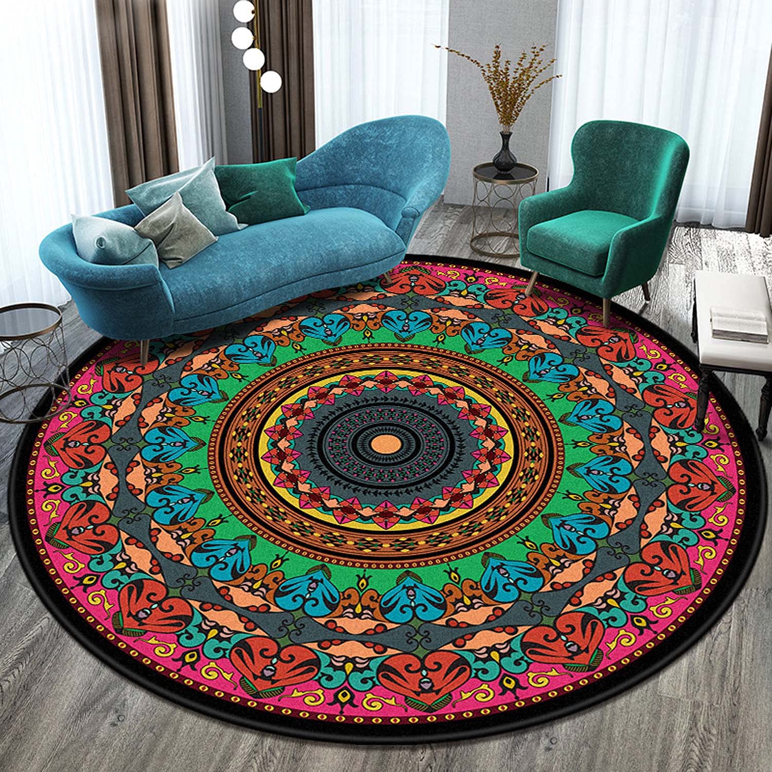 Dhao Tapis Rond Mandala Motif Bohême Moderne pour Salon Chambre à Coucher Cuisine Lavable Grands Antidérapant Tapis Diamètre: 160 cm