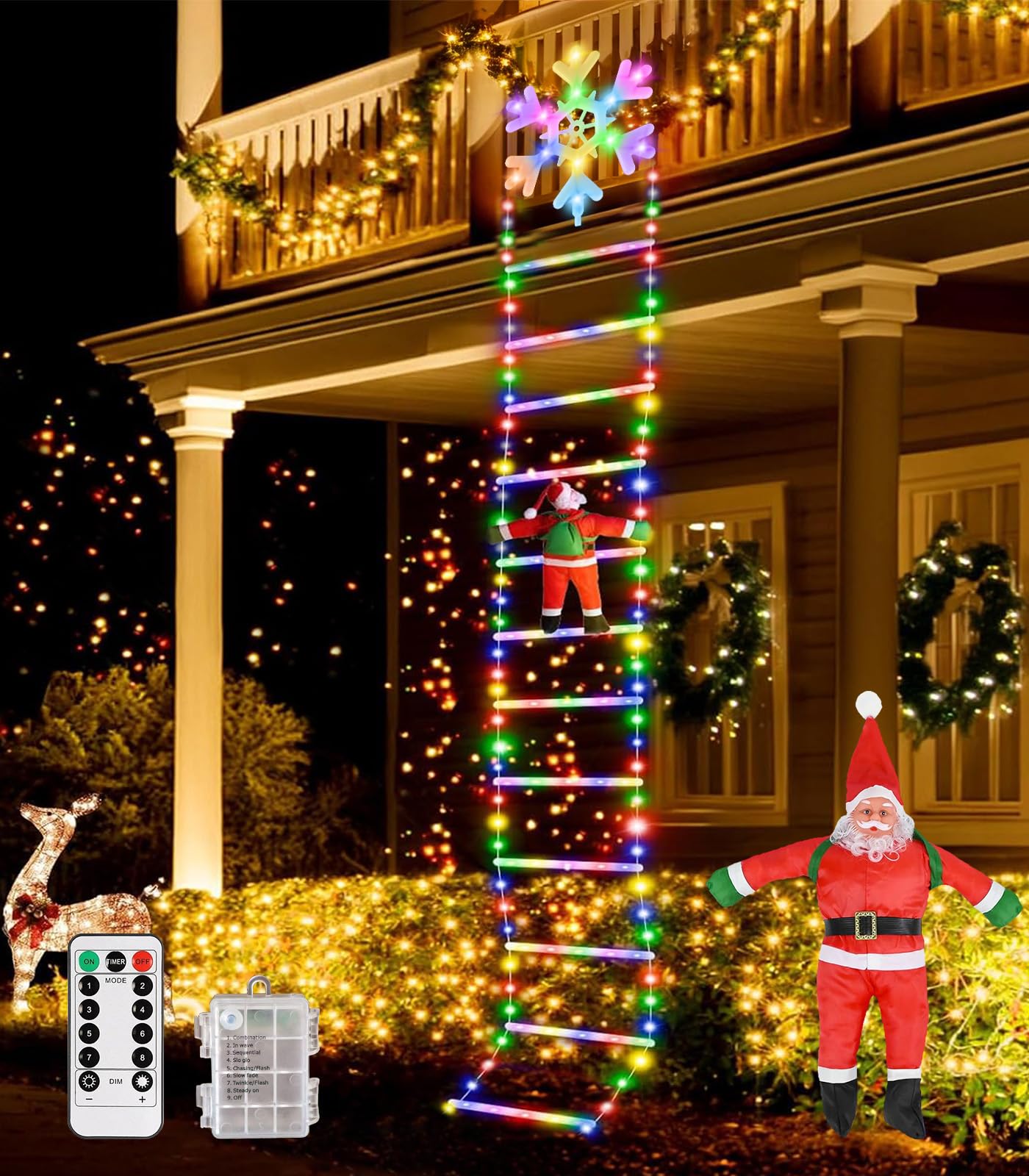 Guirlande Lumineuse Échelle Père Noël, 3 m LED Rideau Lumineux Flocon de Neige Decoration Noel Guirlande Lumineuse à Piles, 8 Modes Minuterie Christmas Lights avec Père Noël pour Exterieur Interieur