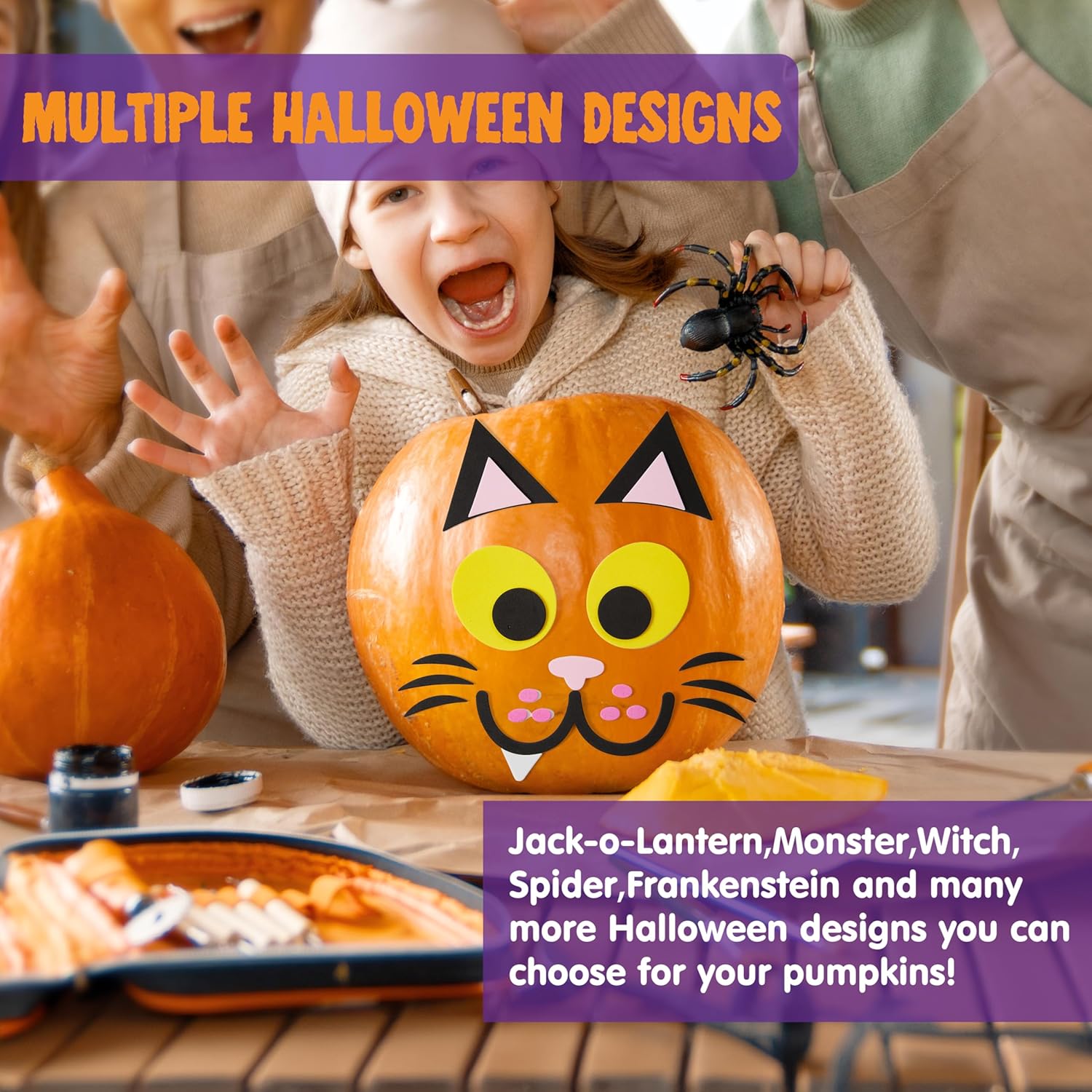 A child happily decorating a pumpkin with a cat face foam sticker, showcasing the ease of use for children.