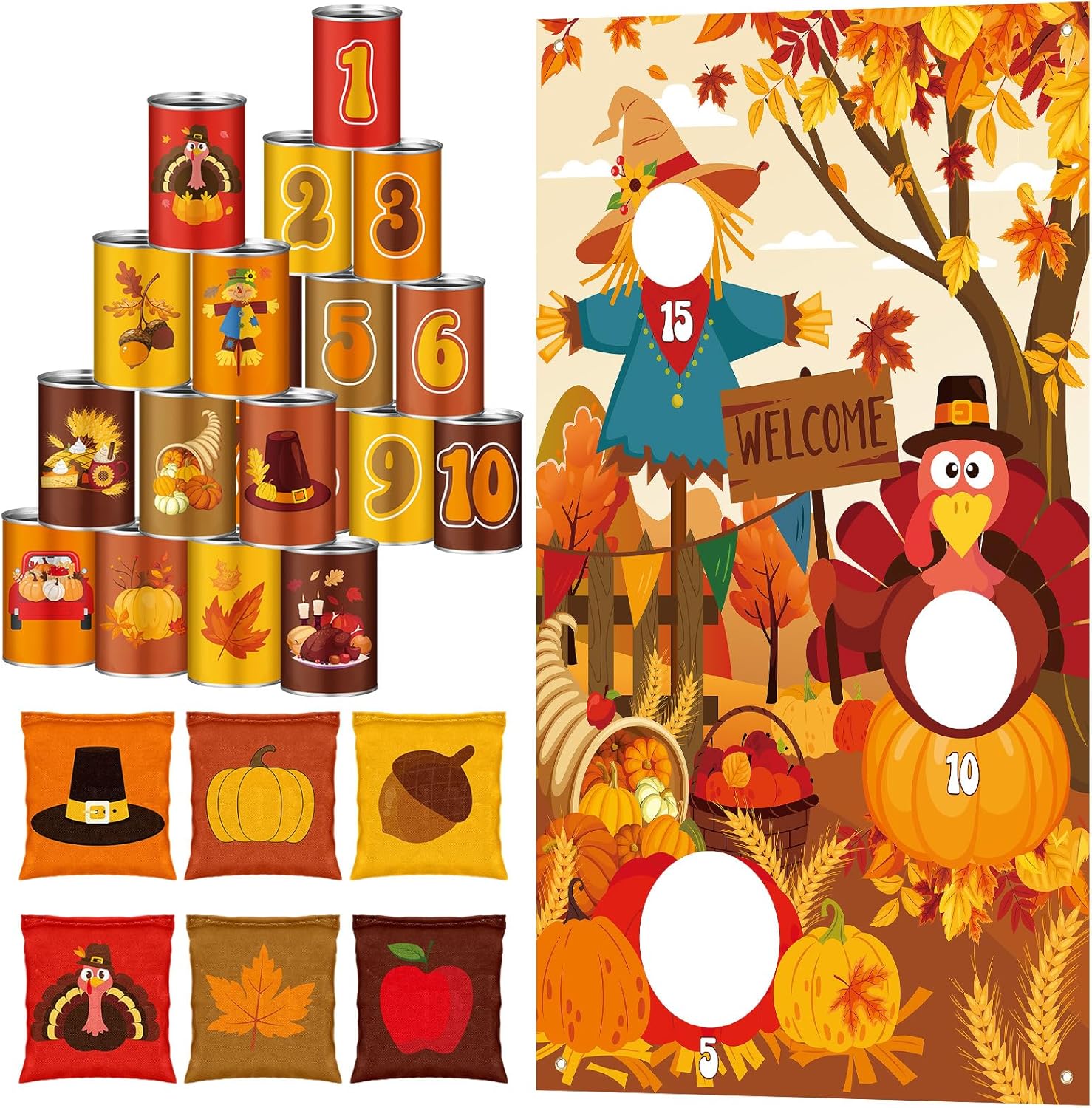 ShinyRelief 17 Pcs Fall Halloween Carnival Can Bean Bag Toss Games for Kids Thanksgiving Autumn Party Throwing Game Set with Background for Adults Indoor Outdoor Party Toy Accessory