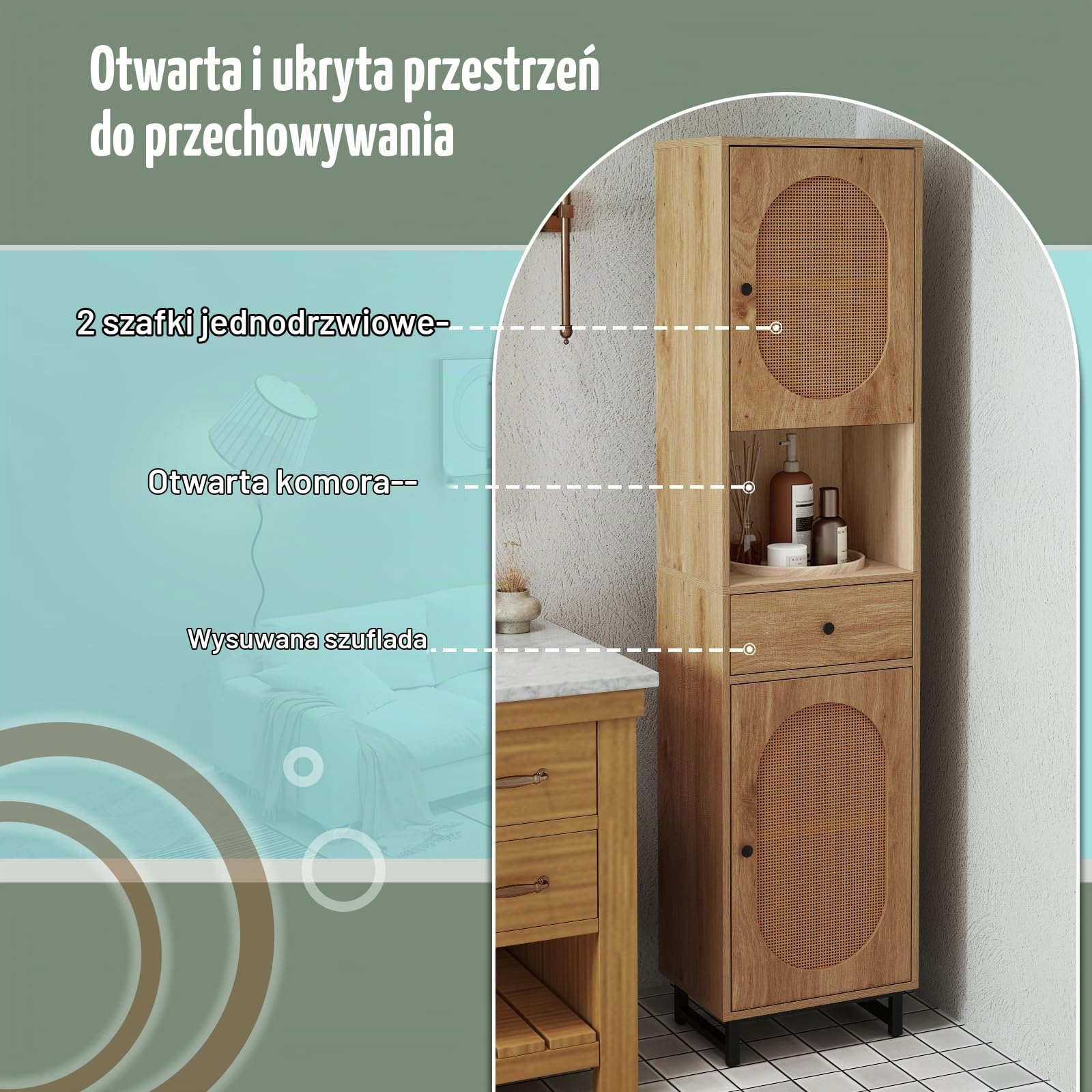 LIFEZEAL Szafka łazienkowa z 2 drzwiami rattanowymi, wysoka szafka toaletowa z regulowanymi półkami, metalowe nóżki, 40x30x170 cm, do łazienki, salonu, kuchni, naturalna