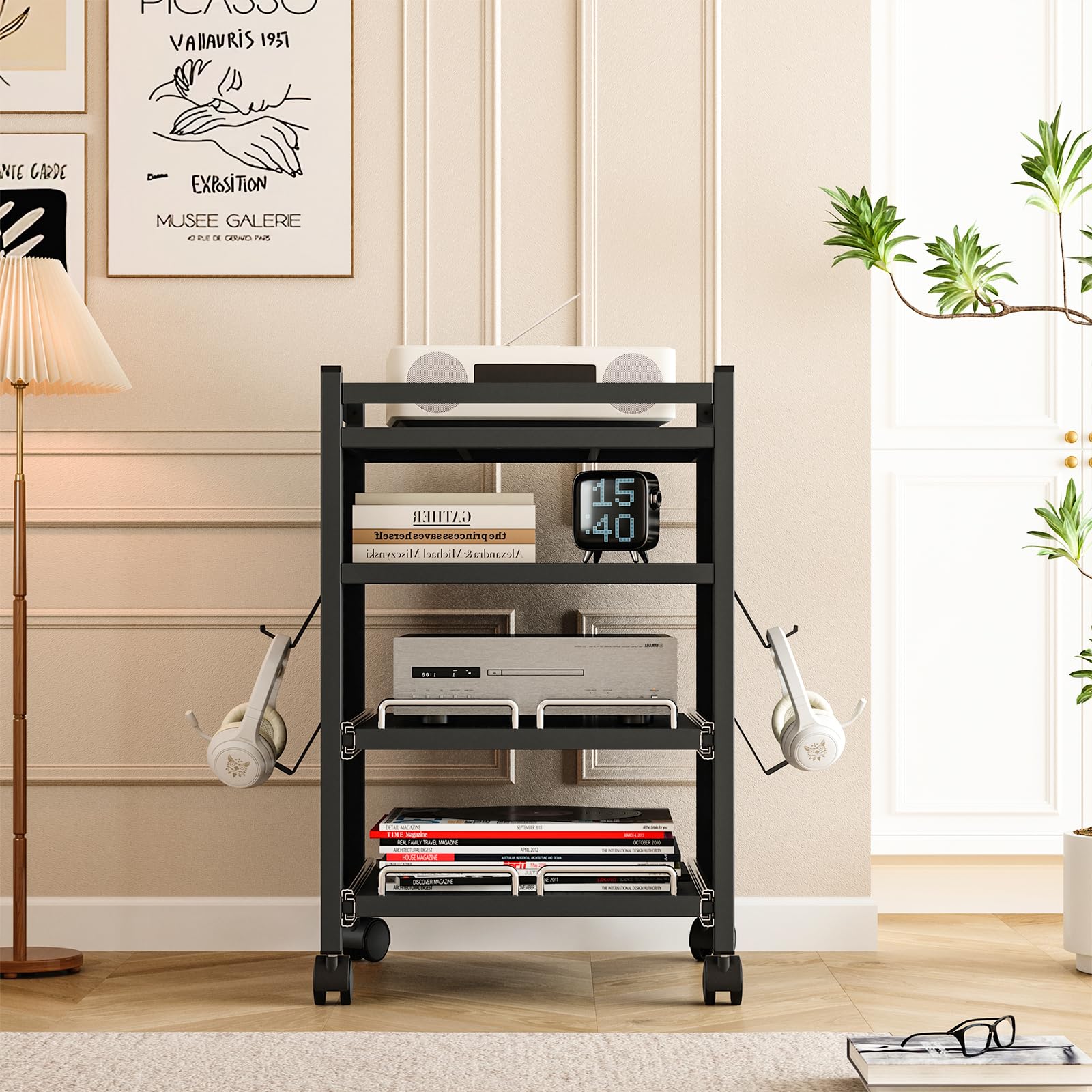 Sightlife Eckregal Stehend mit 4 Ebenen Standregal Eckregal Beistelltisch Audio Rack Nachttisch Side Table Schallplattenständer Bücherregal Eck-Stereo-Ständer Mit Rollen