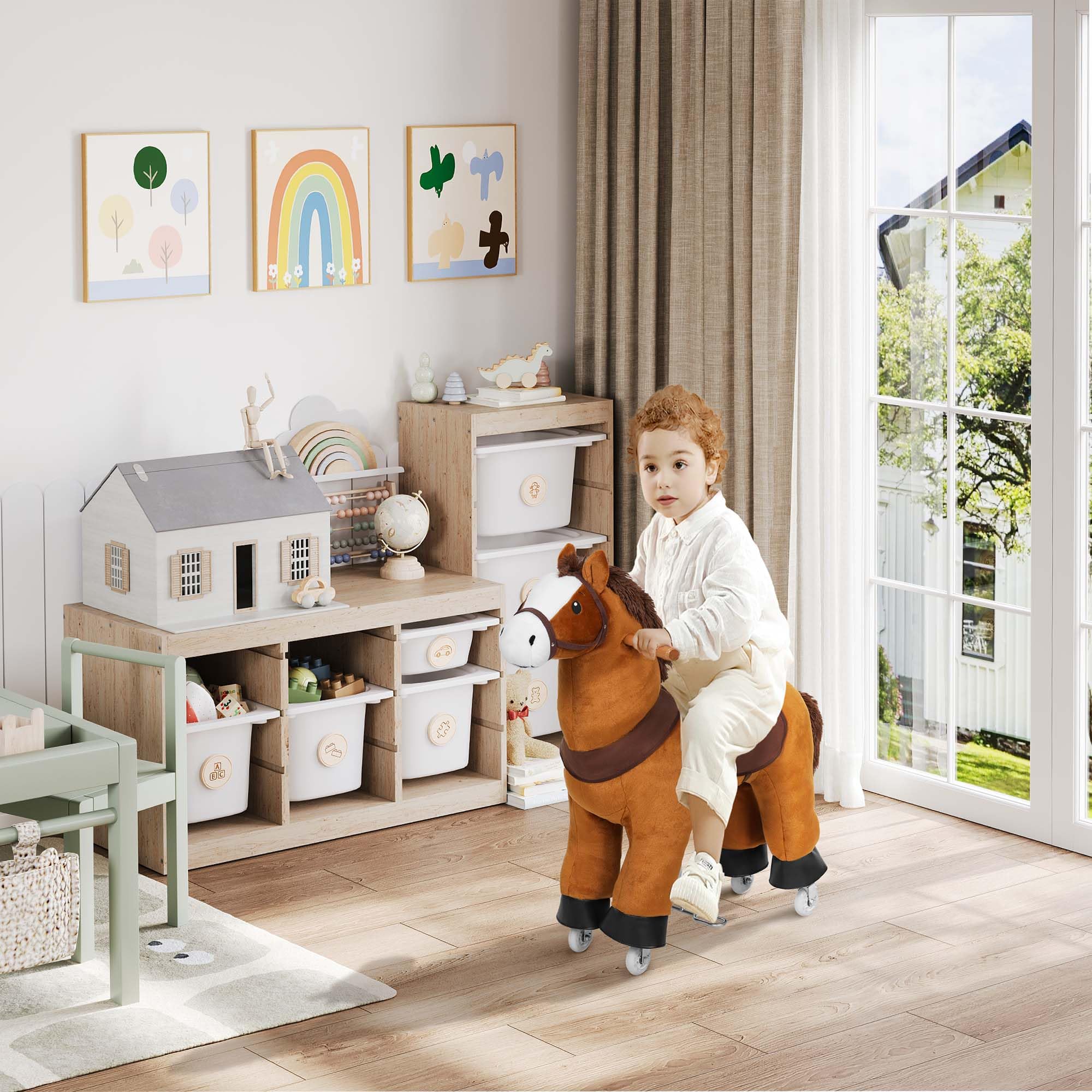 WOLTU Cavallo a Dondolo su Ruote per Bambini, Cavalluccio Cavalcabile in Peluche con Suoni, per Interni ed Esterni, Giocattolo da 4 Anni, Struttura in Legno e Metallo, Marrone