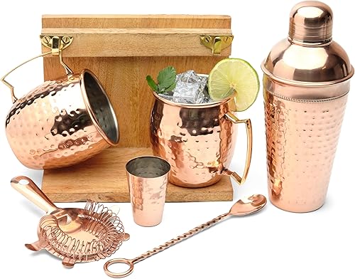 Tazas Moscow Mule (juego de 2 tazas) con ganchos de latón, soporte, 1 cuchara de barra de 8 pulgadas, 1 jigger, 1 agitador, 1 manchador