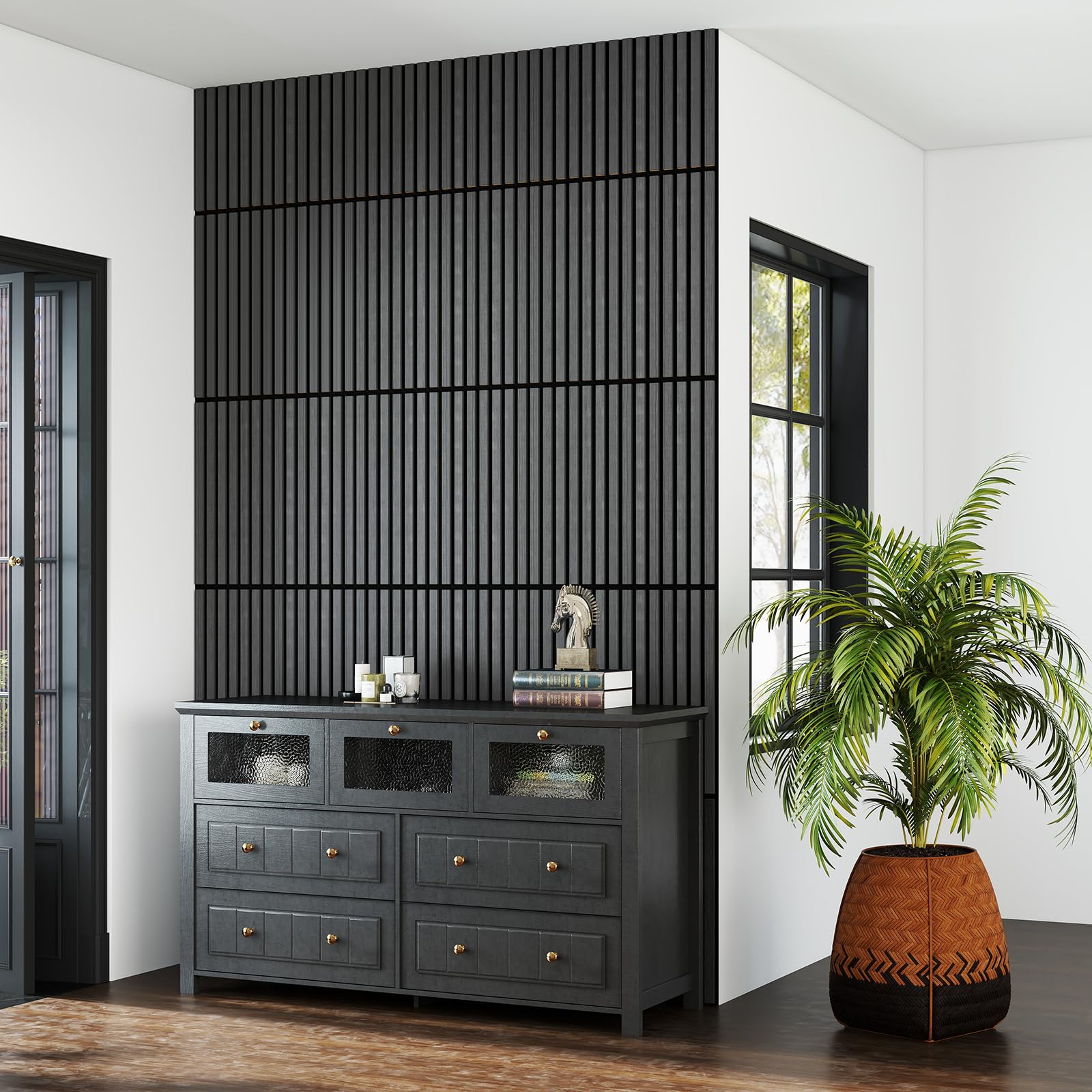Upick Faltbare Akustikwandpaneele, 4 Stück, 240 x 32 cm, MDF-Lamellenholzplatten für Wand, schallabsorbierende Wandpaneele für Innenwanddekoration, Mattschwarz
