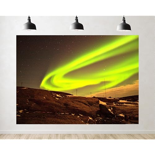 Trykid 5x3ft Green Aurora Sky Backdrop Starry Night Rocky Snow Slope Thin Utility Pole Photography Background Arctic Night Party Decoration Tapestry Photo Booth Prop Fabric