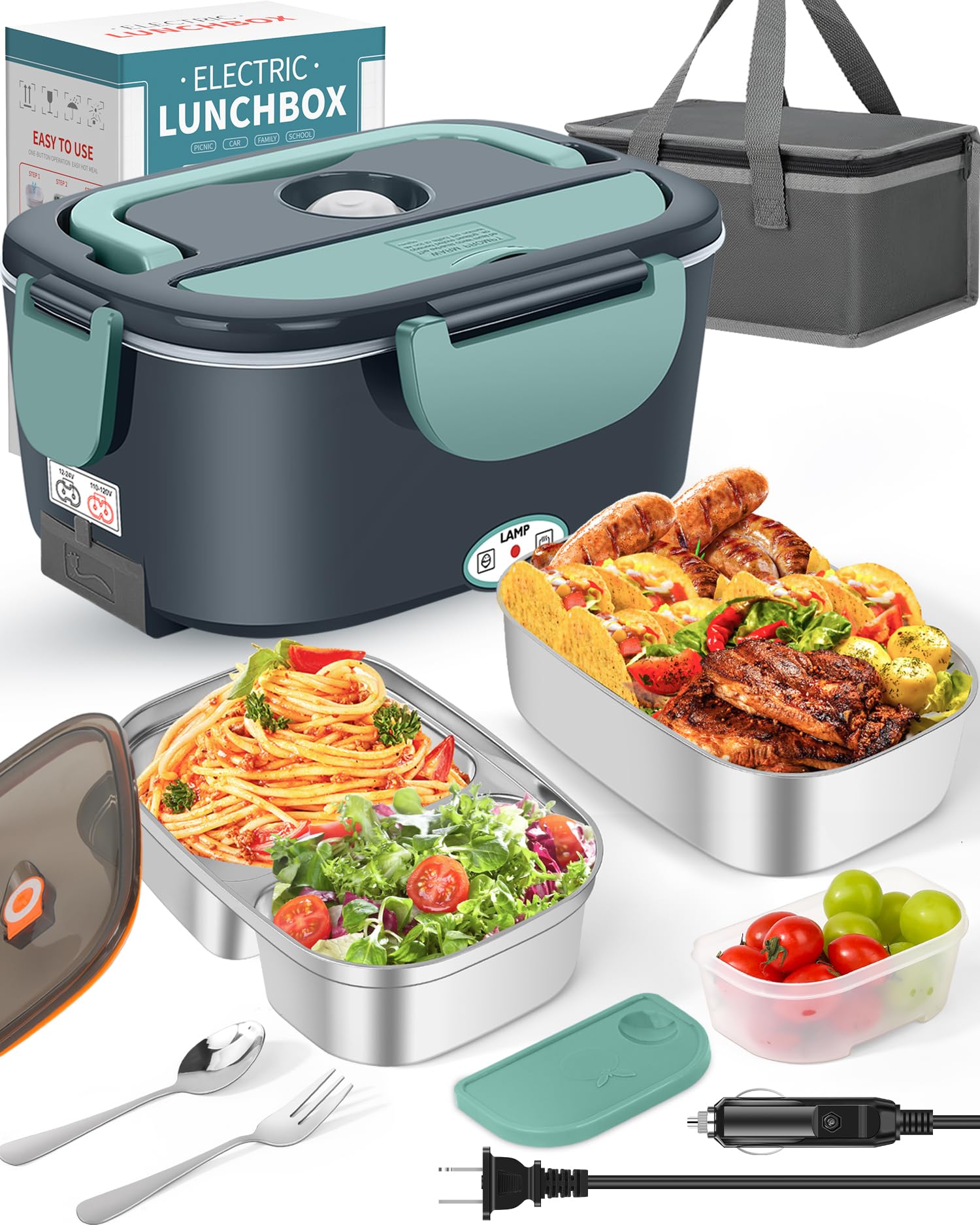 Electric Lunch Box Food Heater - 80W Fast Heating Lunch Box 12V/24V/110-230V Warming Lunchbox, Dual 1.5L Containers, Portable Food Warmer for Car/Truck/Travel, with Spork & Insulated Carry Bag (GB)