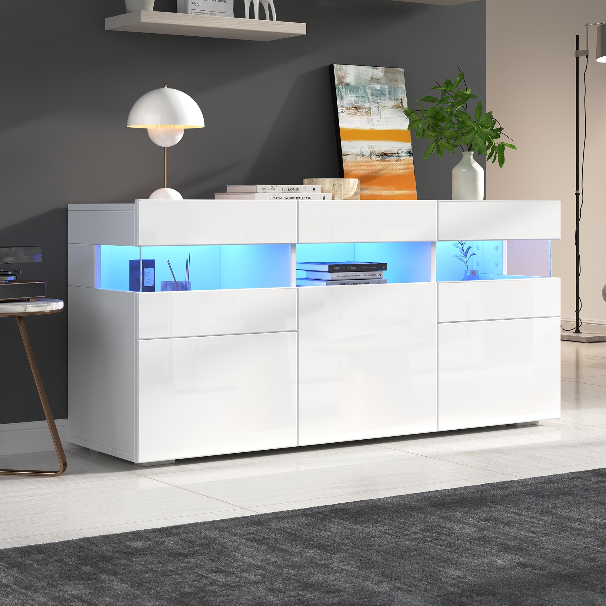 Wohnzimmer-Sideboard, Schrank mit 3 Türen und 7 Ablagefächern, Hochglanz-Wohnzimmerschrank mit LED-Lichtleiste, Allzweckschrank mit Transparentes Acrylgehäuse, 140 * 40,5 * 66,5cm, Weiß
