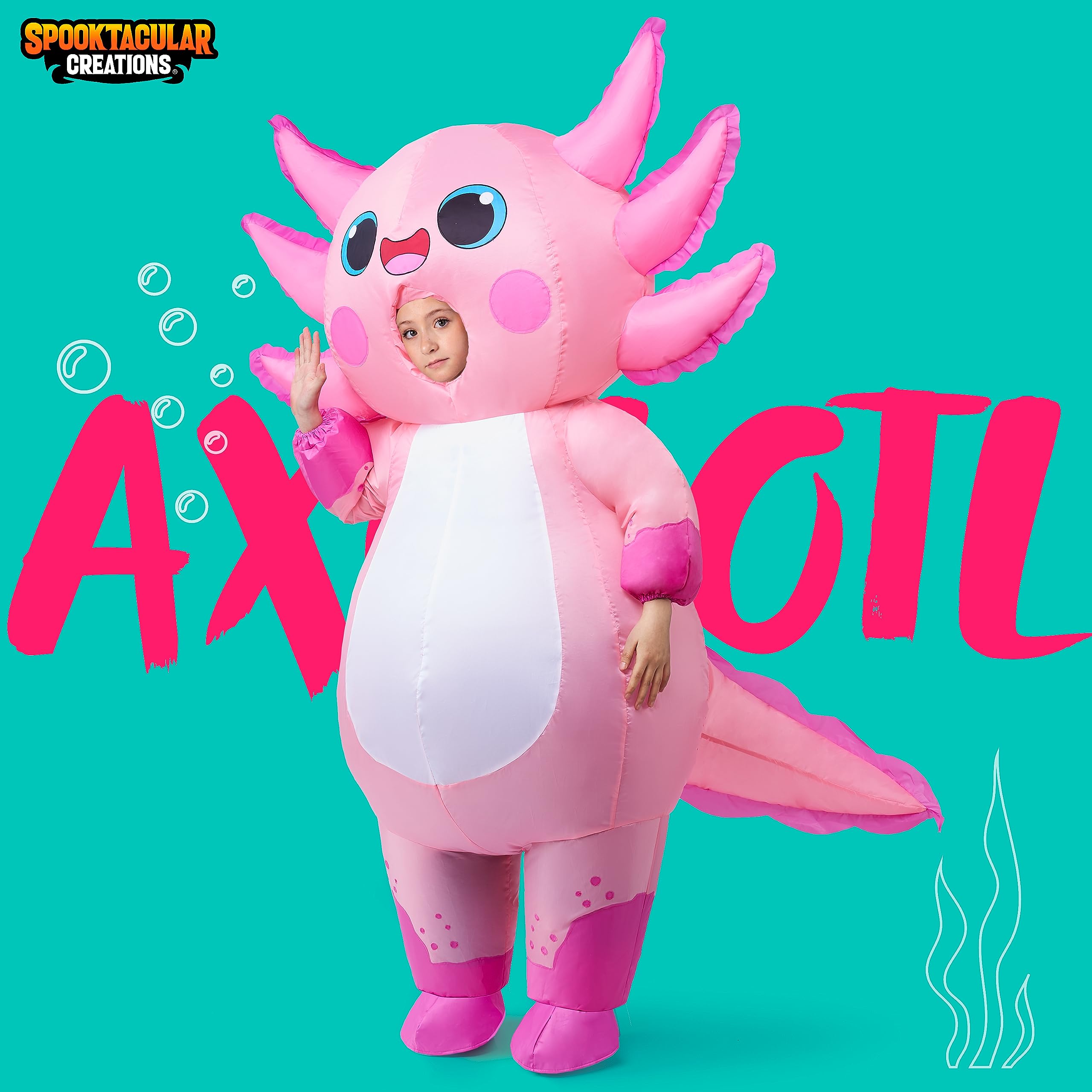 Spooktacular Creations Nadmuchiwany kostium dla dzieci, na całe ciało, różowy Axolotl Air Blow Up kostiumy na Halloween