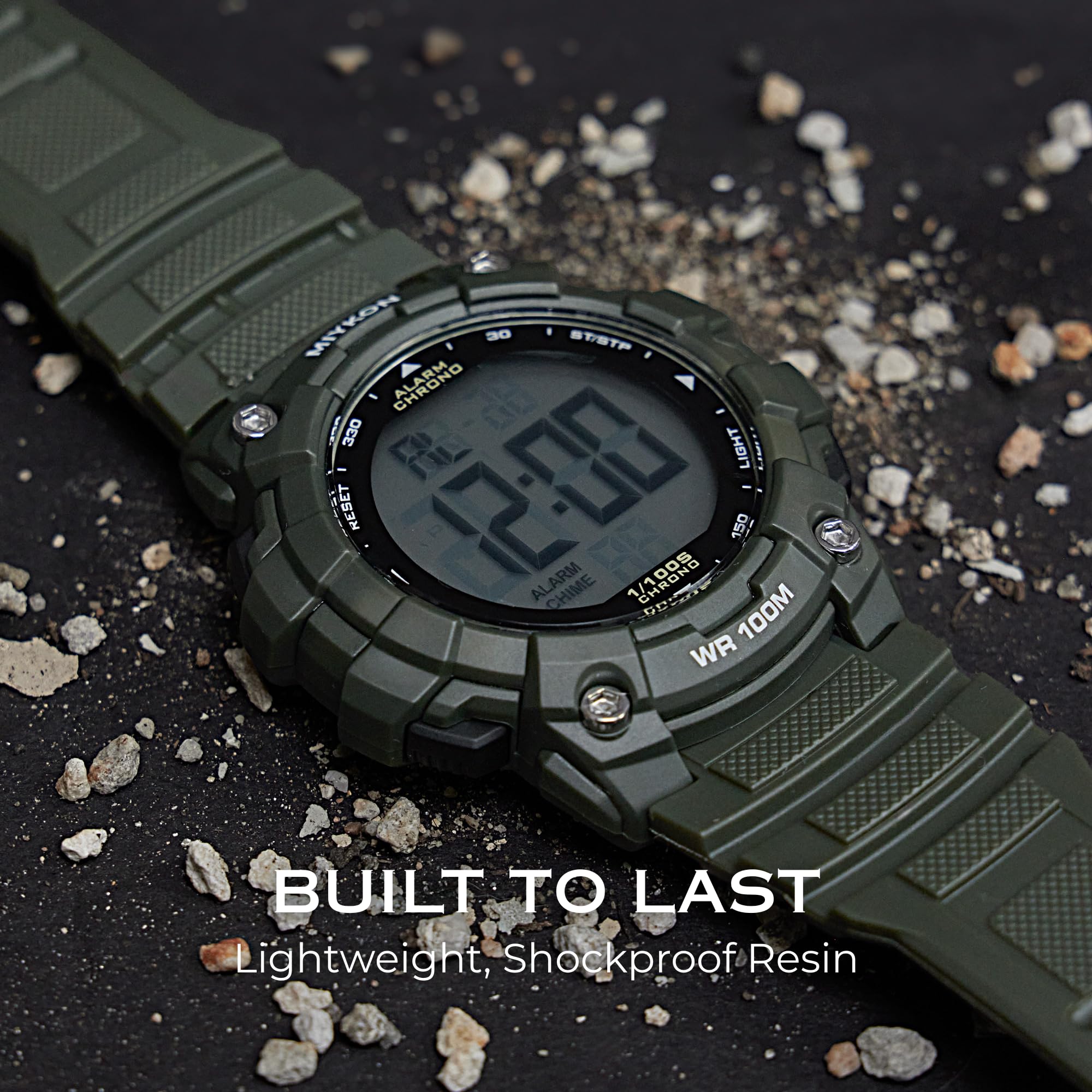 Miykon Orologio militare da uomo, grande display, tattico, costruito con resina antiurto, impermeabile fino a 100 m, orologio sportivo digitale, super illuminante, cronometro, sveglia, doppio fuso