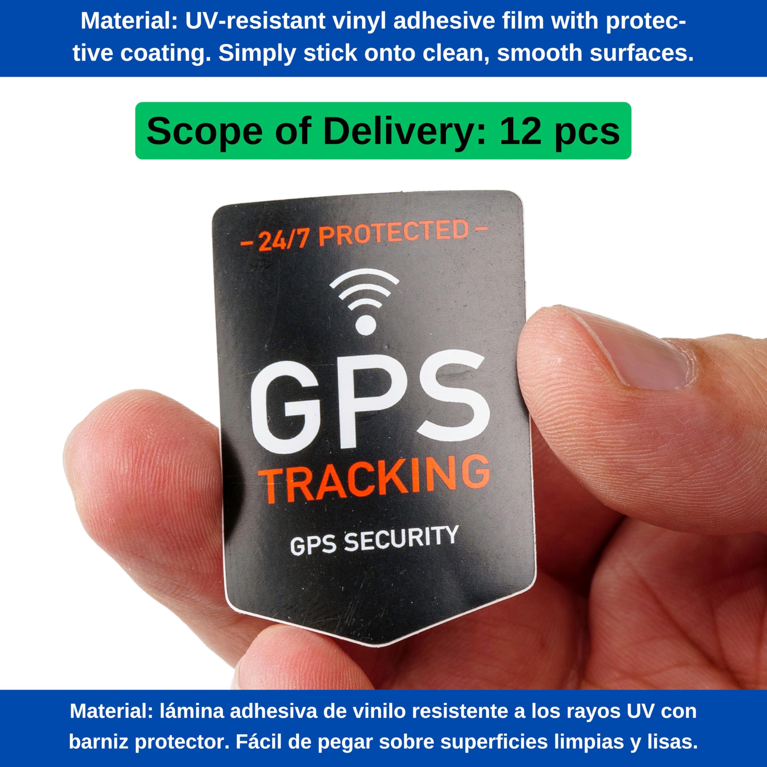 Zestaw Naklejek "GPS TRACKING", 12 Szt, 5 x 3,5 cm, Folia Samoprzylepna, Klej Zewnętrzny, Ostrzegawcza do Użytku Wewnątrz i na Zewnątrz, Antykradzieżowa, Alarmowa GPS