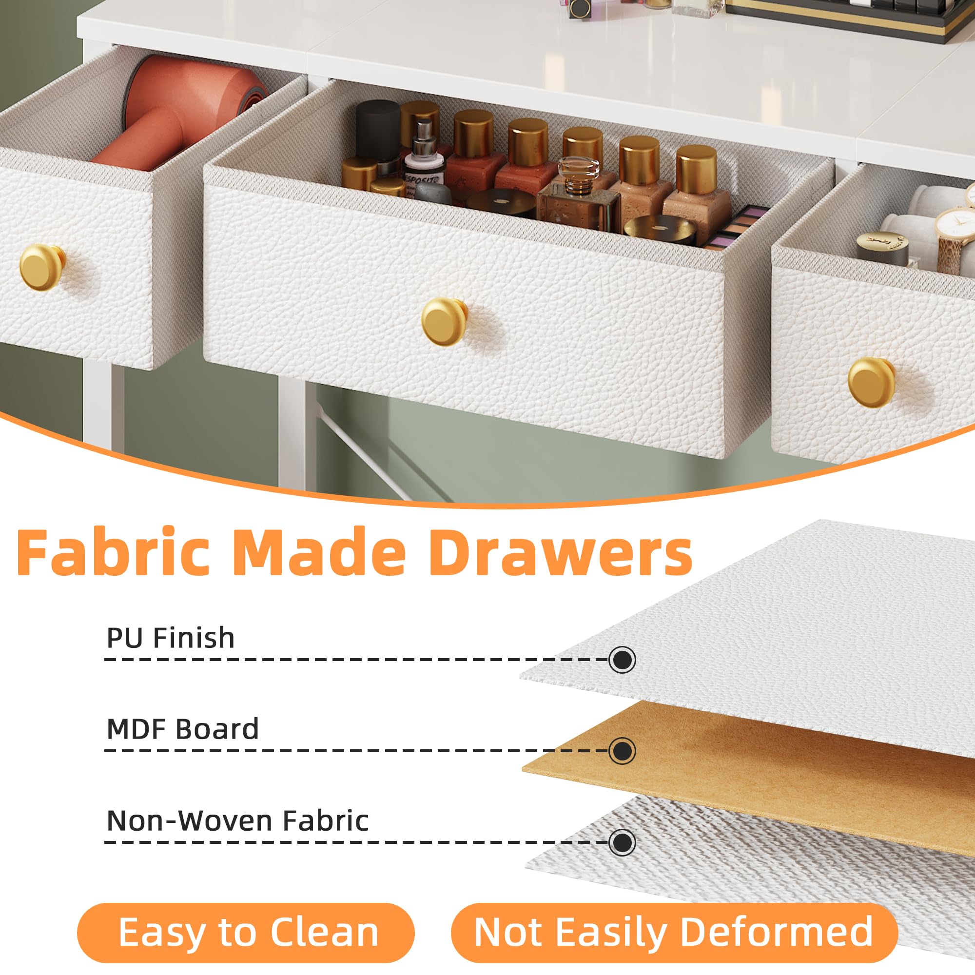 Pequeño escritorio de maquillaje de 11.8 pulgadas de profundidad x 27.5 pulgadas de ancho con 3 cajones de tela, mesa de tocador con espejo y luces y soporte de altura ajustable, tocador para 3