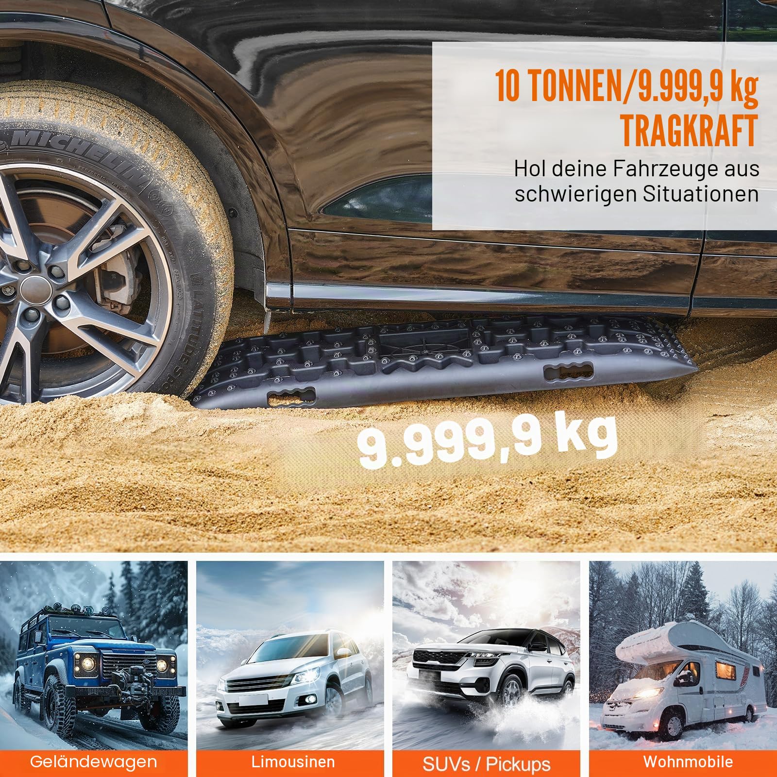 VEVOR 10 TONNEN Traktionsbretter mit PP-Material, Bergungsbretter für Geländefahrzeuge/Autos/Pickups/SUVs/Wohnmobile, Paar Reifen-Traktionsmatten auf Schnee, Sand, Schlamm und losem Untergrund