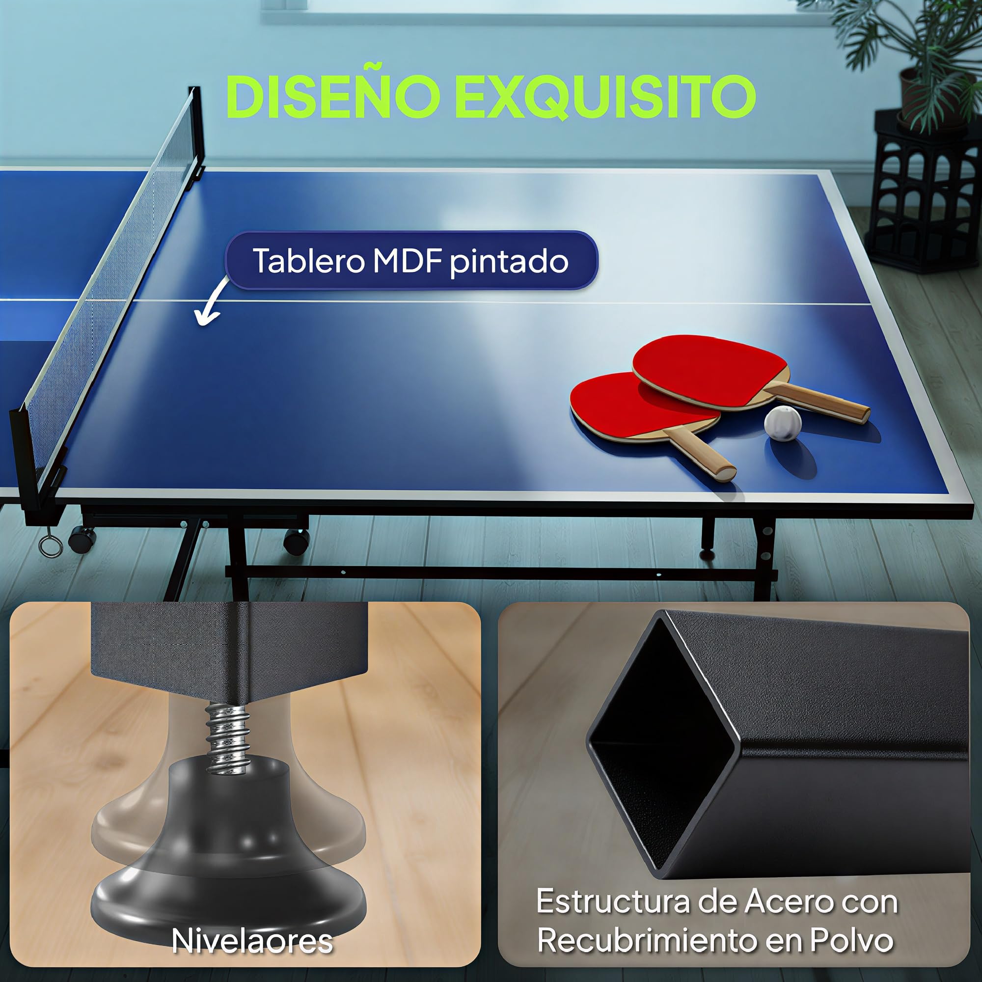 SPORTNOW Mesa de Ping-Pong Profesional Plegable con 4 Ruedas, Red, 2 Palas y 3 Pelotas 274x152,5x75,5 cm Azul