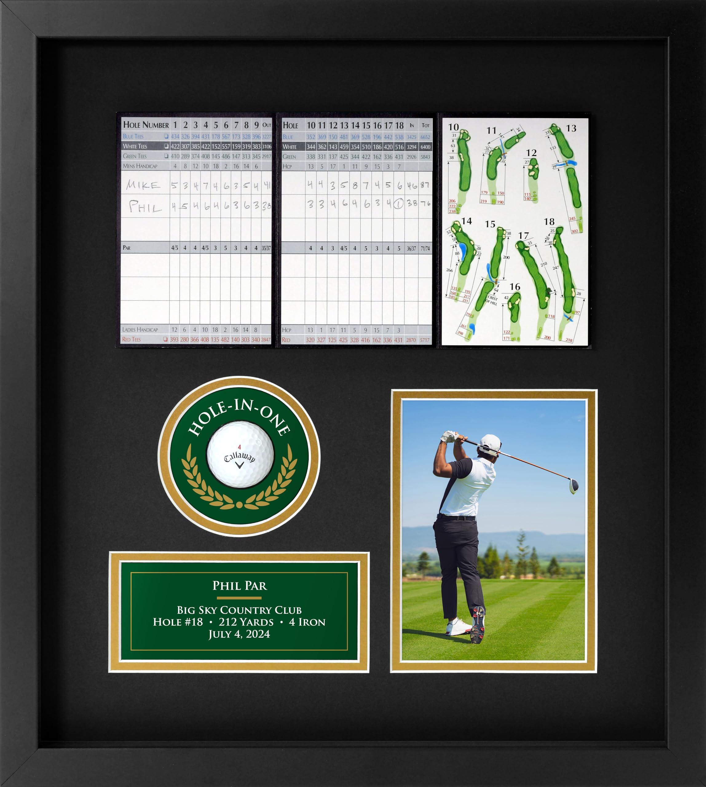 Hole-in-One Golf Display Case Frame, 3 or 4 Components for Ball, Scorecard, Photo & Printed Graphic Info Insert (Legend, 4 Components)