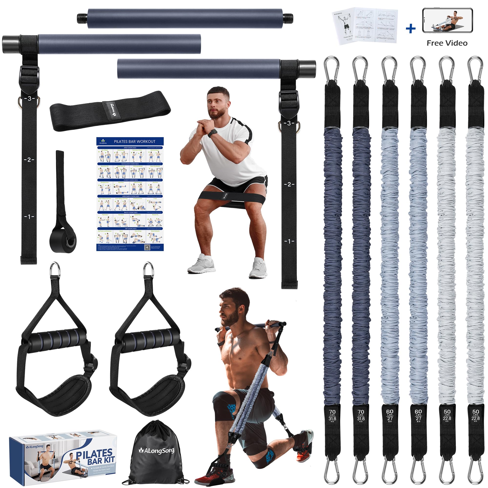 Upgraded Pilates Bar Kit with Resistance Bands Natural Latex for Women & Men, Heavy-Duty Stainless Steel Multifunctional Yoga Pilates Stick for Home Gym Exercise Fitness Equipment Full-Body Workouts