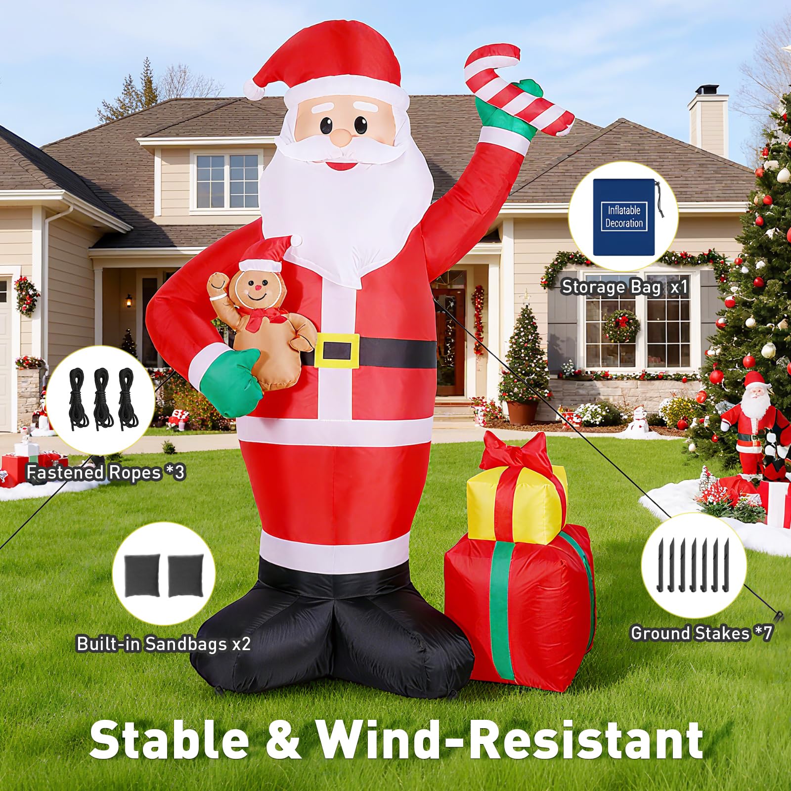 Quntis 244 CM Pere Noel Gonflable Exterieur avec LEDs Blanc Chaud, IP44 Pere Noel Gonflable, XXL Decoration Noel Exterieur Gonflable pour Intérieur Extérieur Jardin Pelouse Fête Christmas