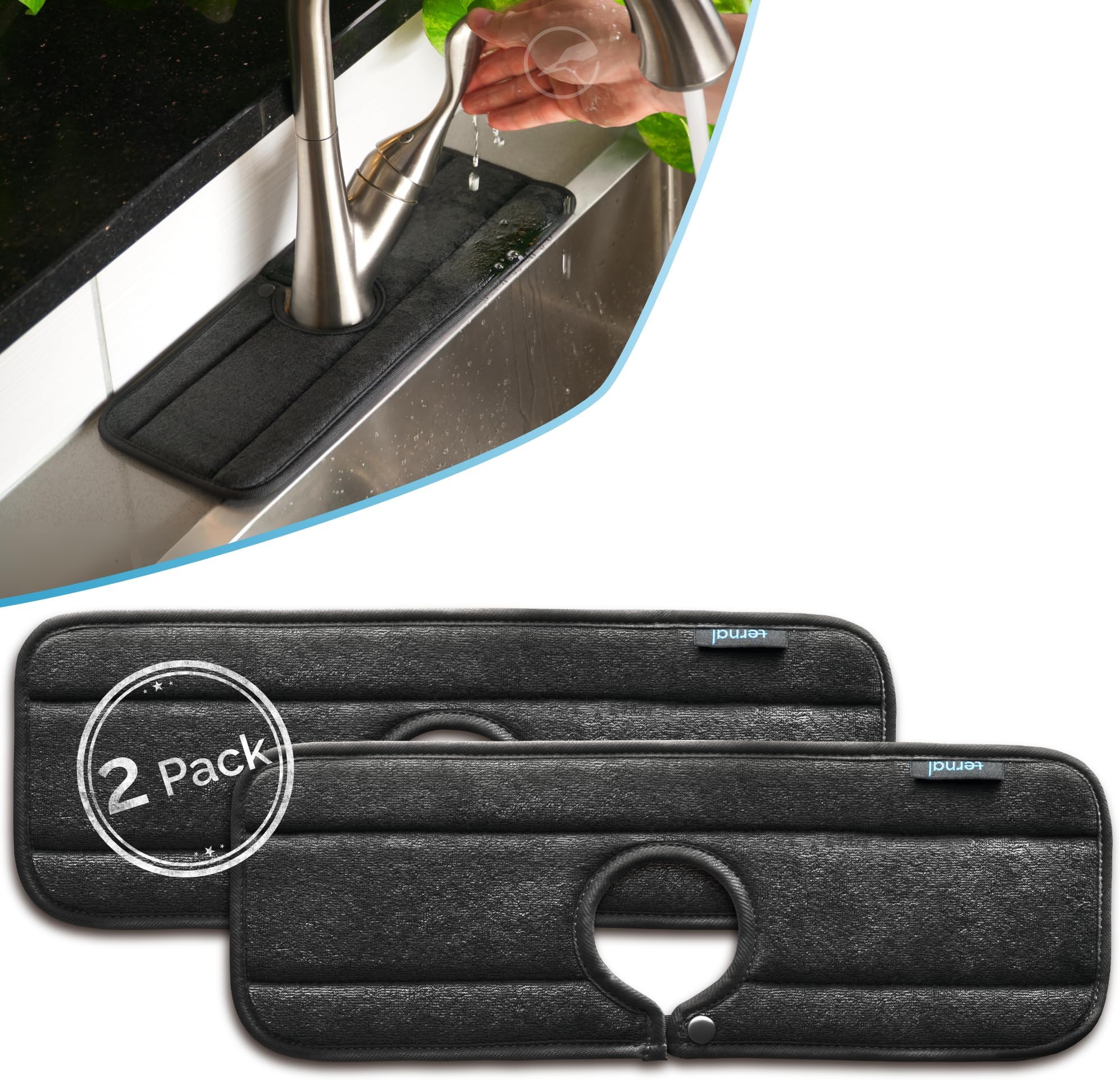 Ternal Sinkmat for Kitchen Faucet, Original Design, Absorbent Microfiber Fabric, Machine Washable Splash Guard & Drip Catcher For Around Faucet Handle [Black, Standard, 2 Pack]