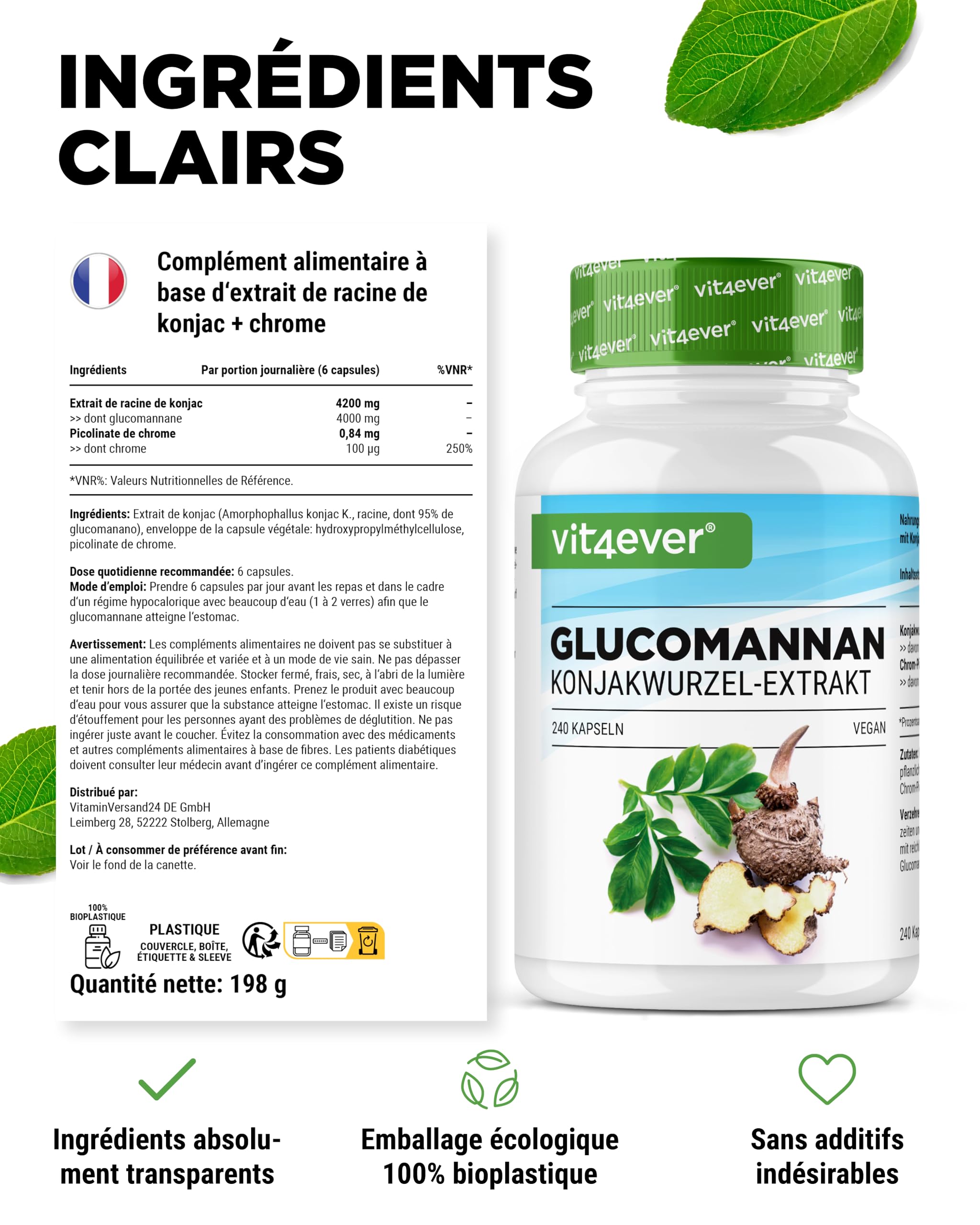 Glucomannane de la Racine de Konjac - 240 Gélules - Fortement Dosé avec 4200 mg par Portion Journalière - Optimisé avec du Chrome - Végétalien