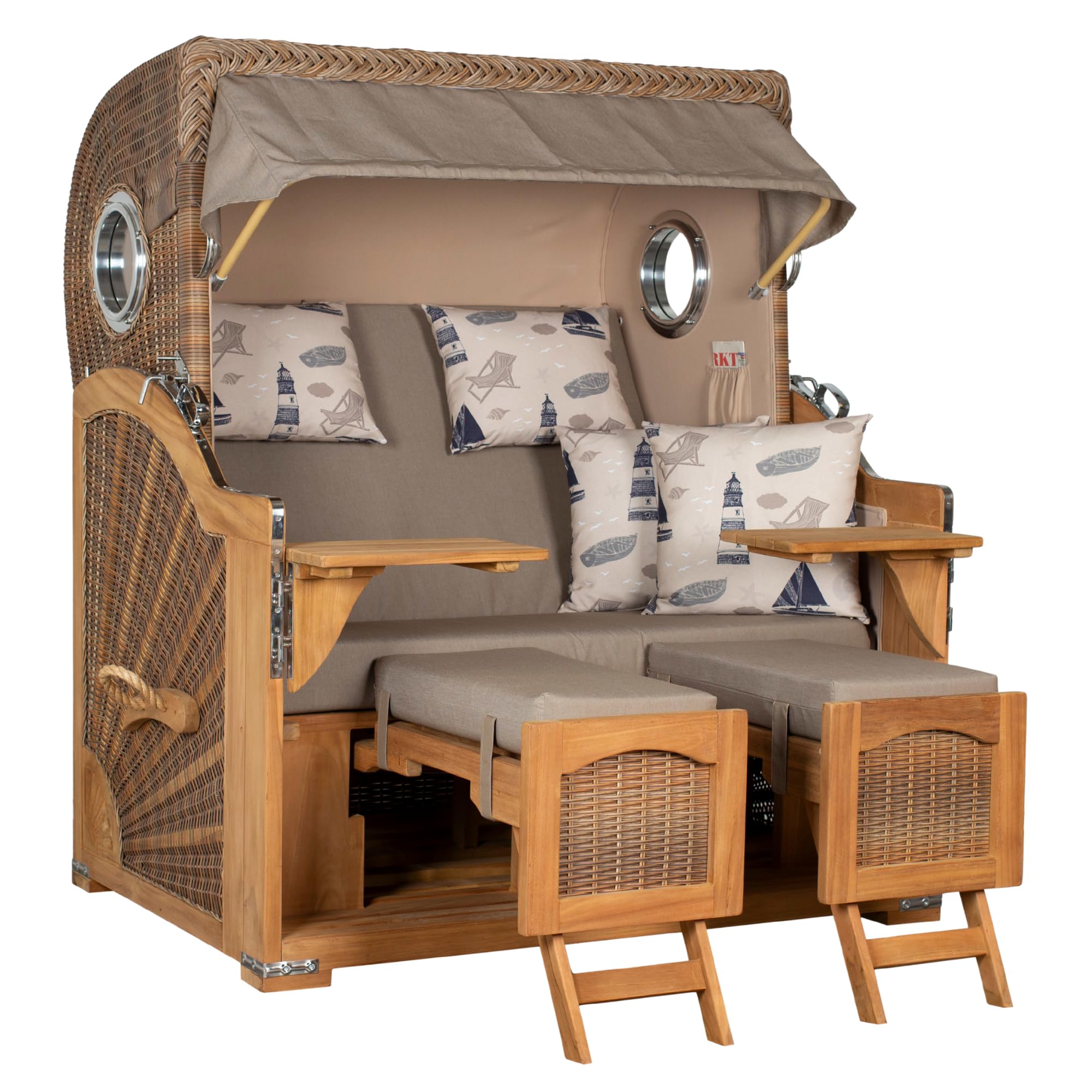 MR. DEKO® Strandkorb Düne Grande XL 2,5-Sitzer Teak | PE Geflecht Banana - Dessin 540 | Volllieger Strandstuhl mit Bullauge inkl. 2 Fußablagen | je 2 Kissen und Nackenkissen | Strandkörbe aus Teakholz