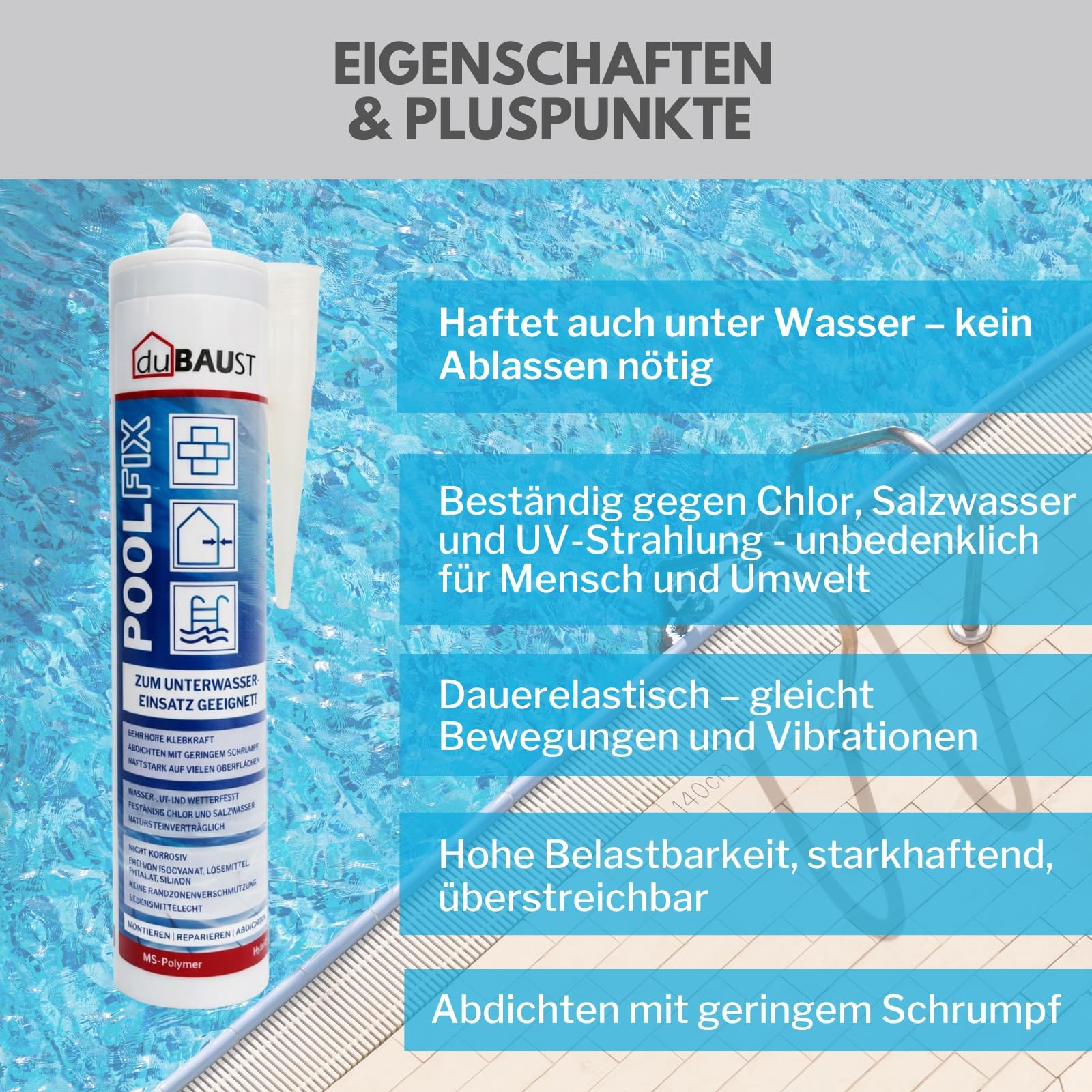 POD24 Poolfix Poolfix - Adhesivo de montaje para piscinas, polímero para pegar y sellar, se puede utilizar bajo el agua, resistente a los rayos UV, permanece permanentemente elástico, 290 ml