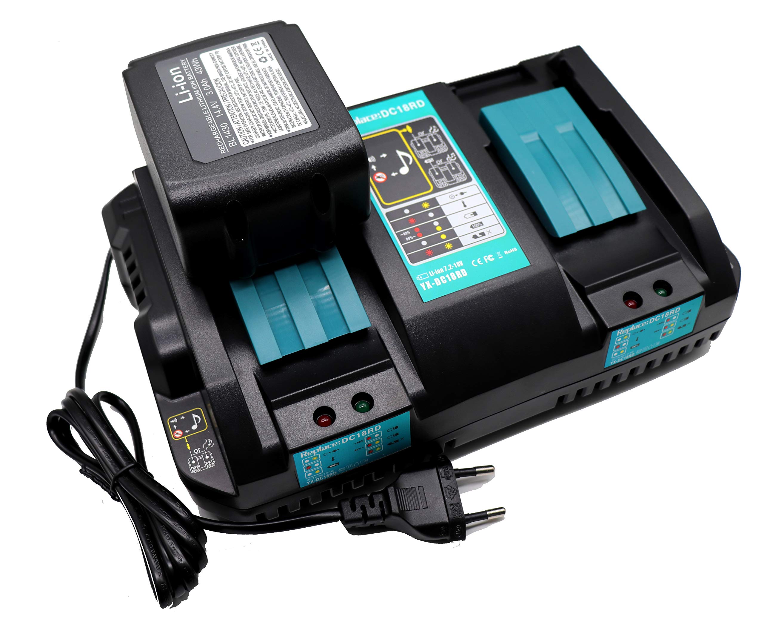 DC18RD 4A doppio caricatore Sostituzione per Makita 18V Li-ion Batteria BL1850B BL1840 BL1840B BL1830 / Sostituzione per Makita 14.4V Batteria BL1415 BL1430 BL1440 DC18RC