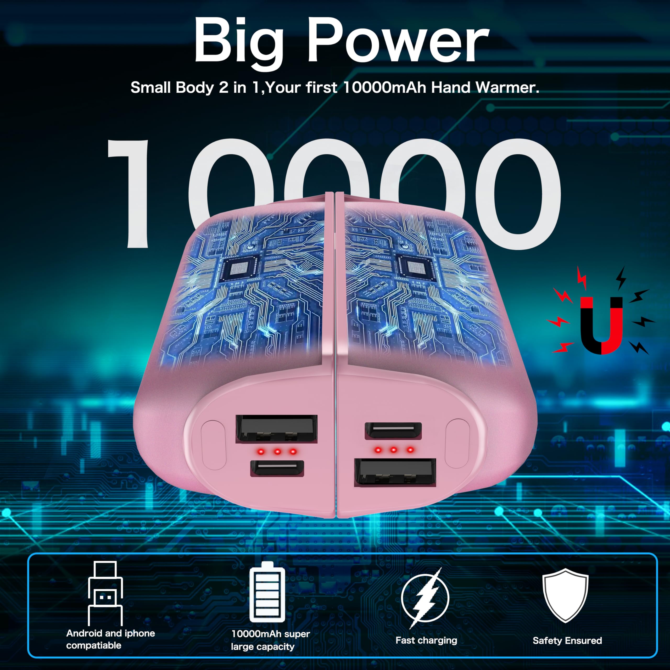 Scaldamani Ricaricabile - 10000mAh Riutilizzabile, Elettrico Portatile Power-Bank Per l'inverno all'aperto