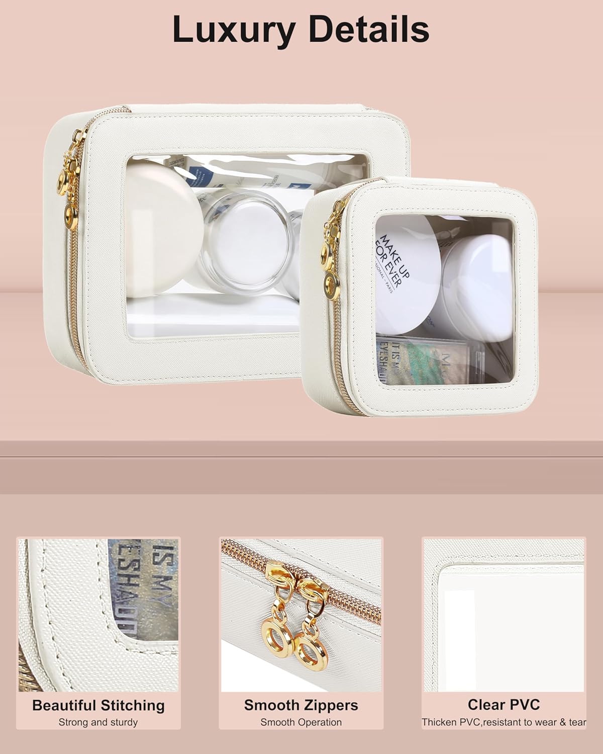 Leather Clear Makeup Bags Set - Travel Clear Cosmetic Bag Case with Zipper, Transparent TSA Approved Toiletry Bags for Travel Essentials Car Accessories for Women (White, S+M) - Image 3
