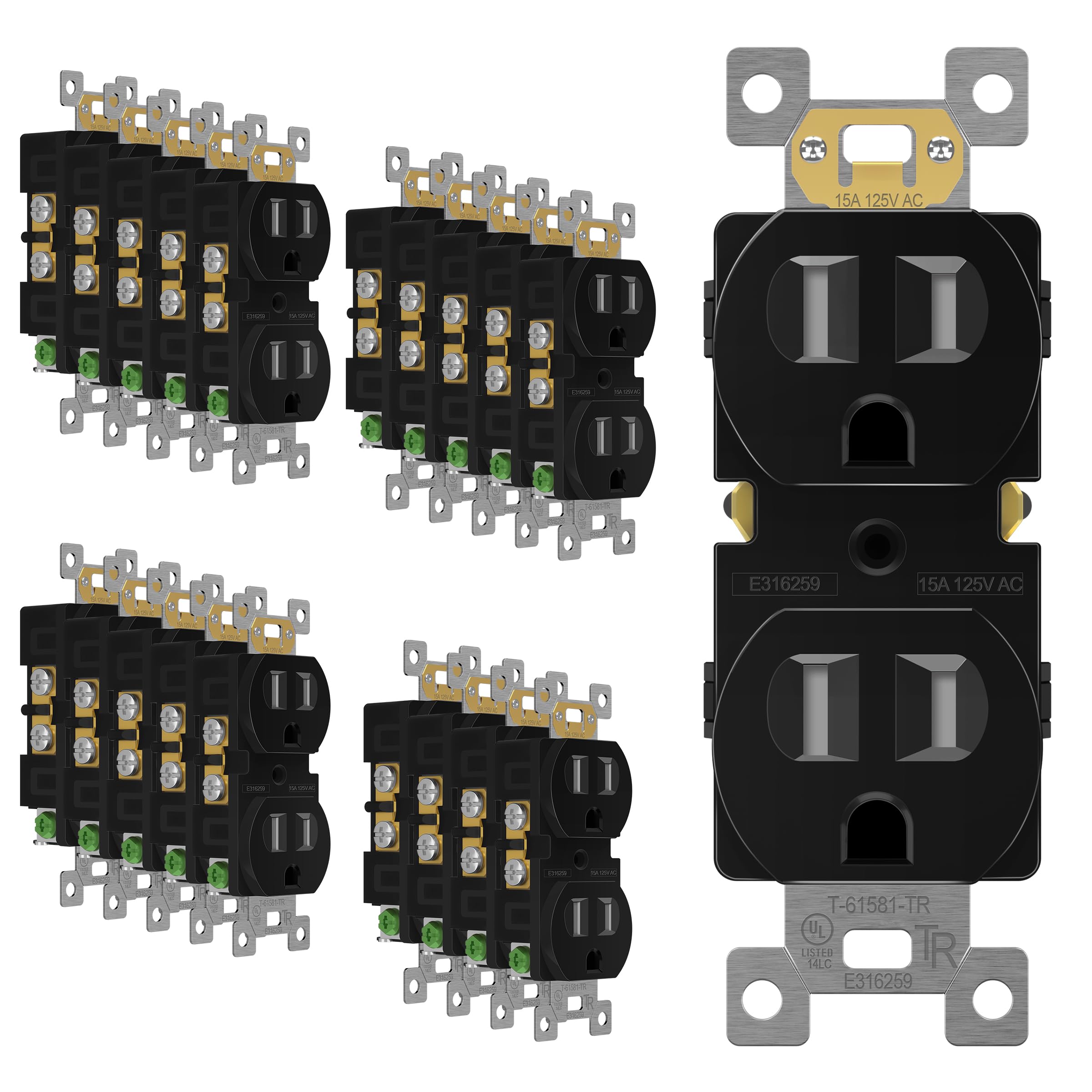 ENERLITES Duplex Outlets, Tamper-Resistant Electrical Receptacle, 15A 125V, Self-Grounding, 2-Pole, UL Listed, 61581-TR-BK20P, Black (20 Pack)