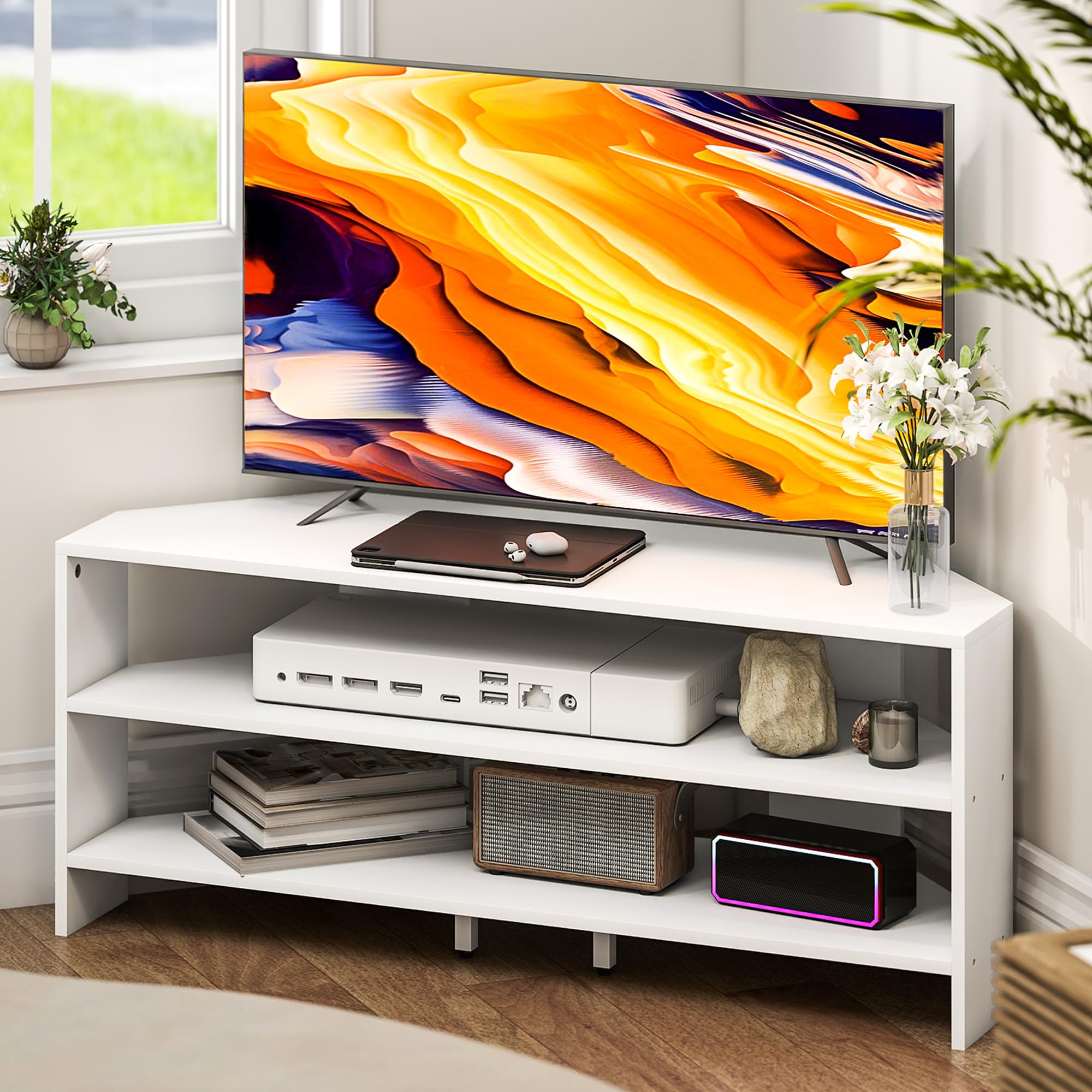 Homcom Unisex White Corner Tv Stand, Tv Unit With Open Shelves For 47 Inch Tv In