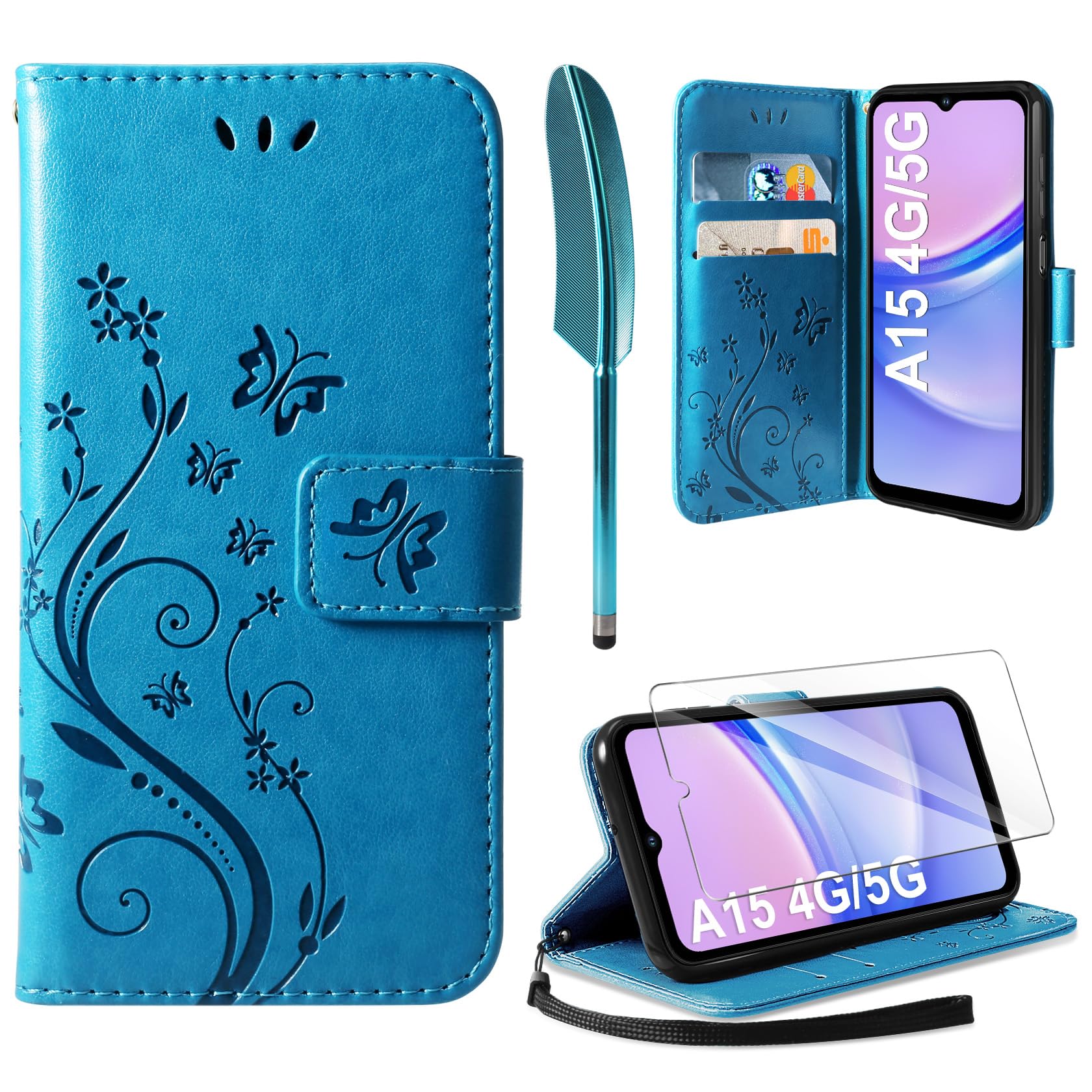AROYI Case Compatible with Samsung Galaxy A15 5G/4G Case,Wallet Case PU Leather with Card Slots Folding Stand Magnetic Protect Flip Cover for Samsung Galaxy A15 Blue