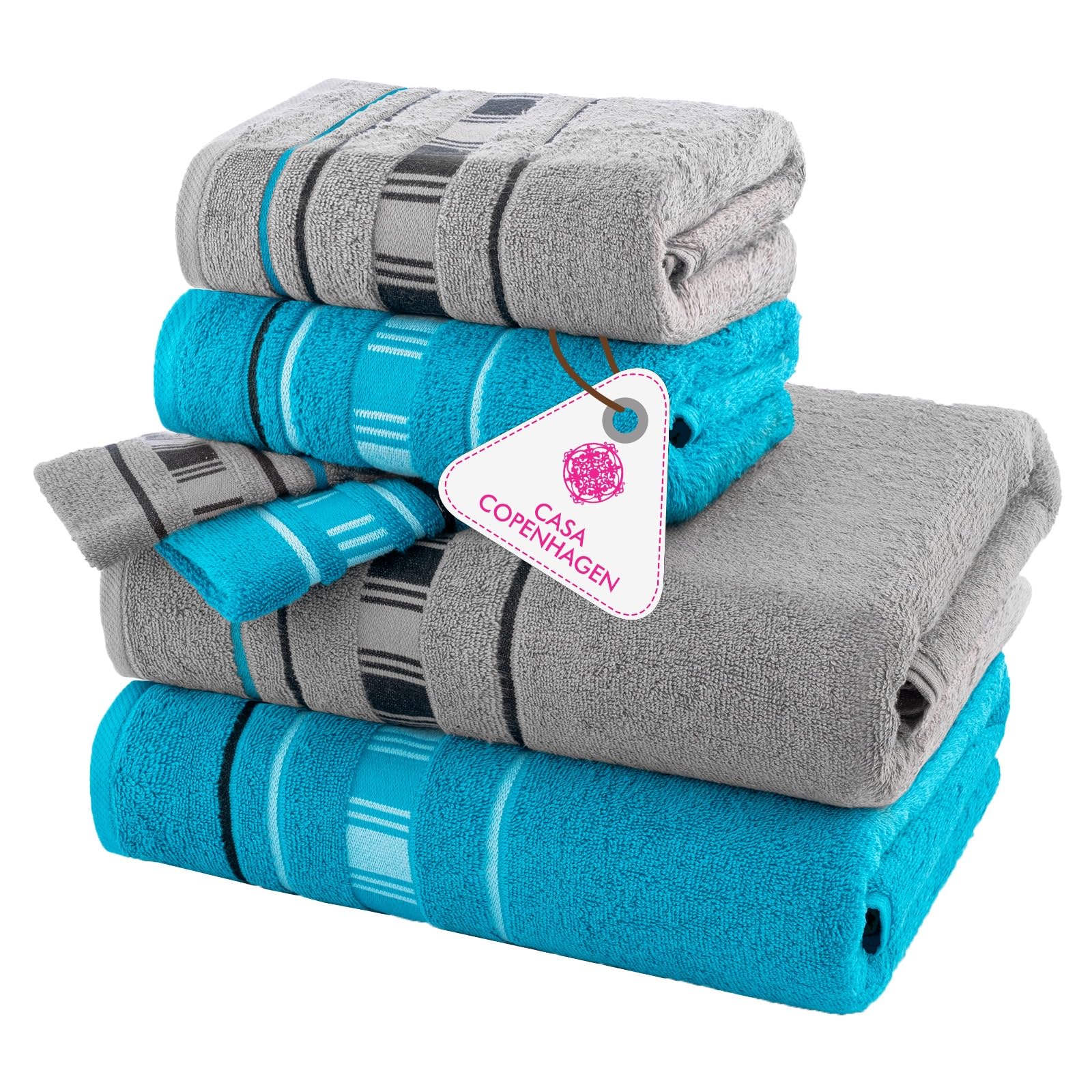 CASA COPENHAGEN X Lines towel made from 600 gsm Egyptian cotton for hotel, spa, kitchen and bathroom, 6-piece set with 2 bath towels, 2 hand towels, and 2 washcloths – Gray Turquoise