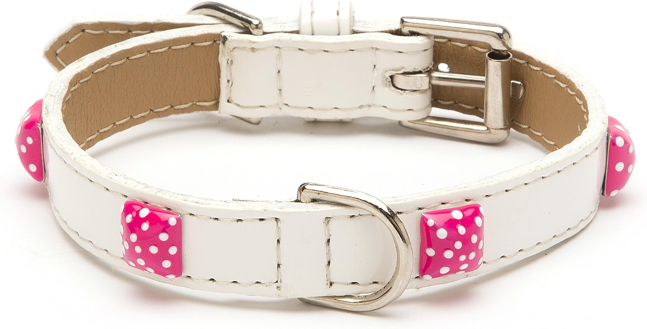 LV Pyramid Dot Straight Dog Collar, Medium Size 11-14,White Patent with Pink Enamel Pyramids