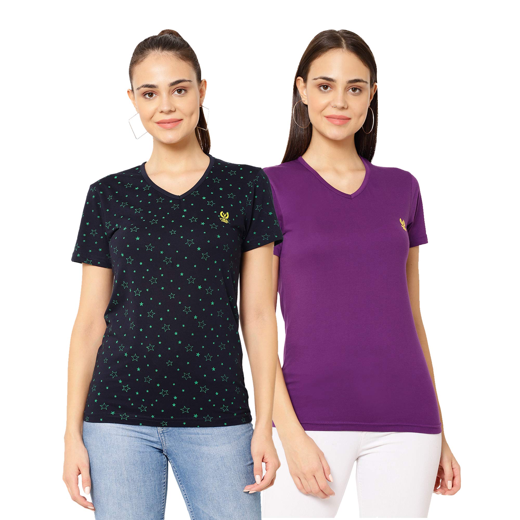 VIMAL JONNEY Cotton Blend V Neck Half Sleeve T-Shirt for Women Regular Fit (Pack of 2)
