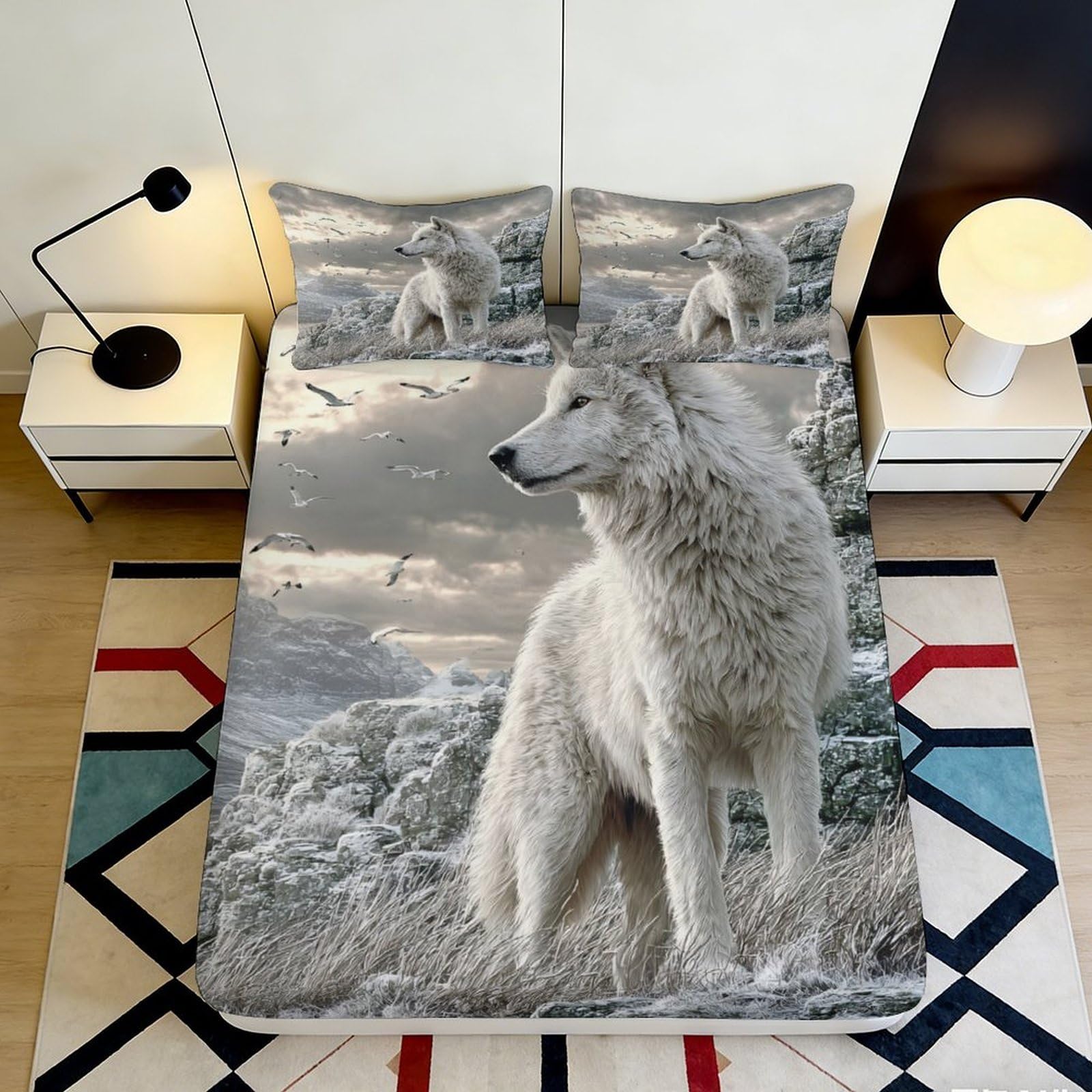 3D Printed White Wolf Fitted Sheet Microfiber Breathable Snow Mountain Bed Cover for Bedroom Dorm Easy Care 90x200x25cm