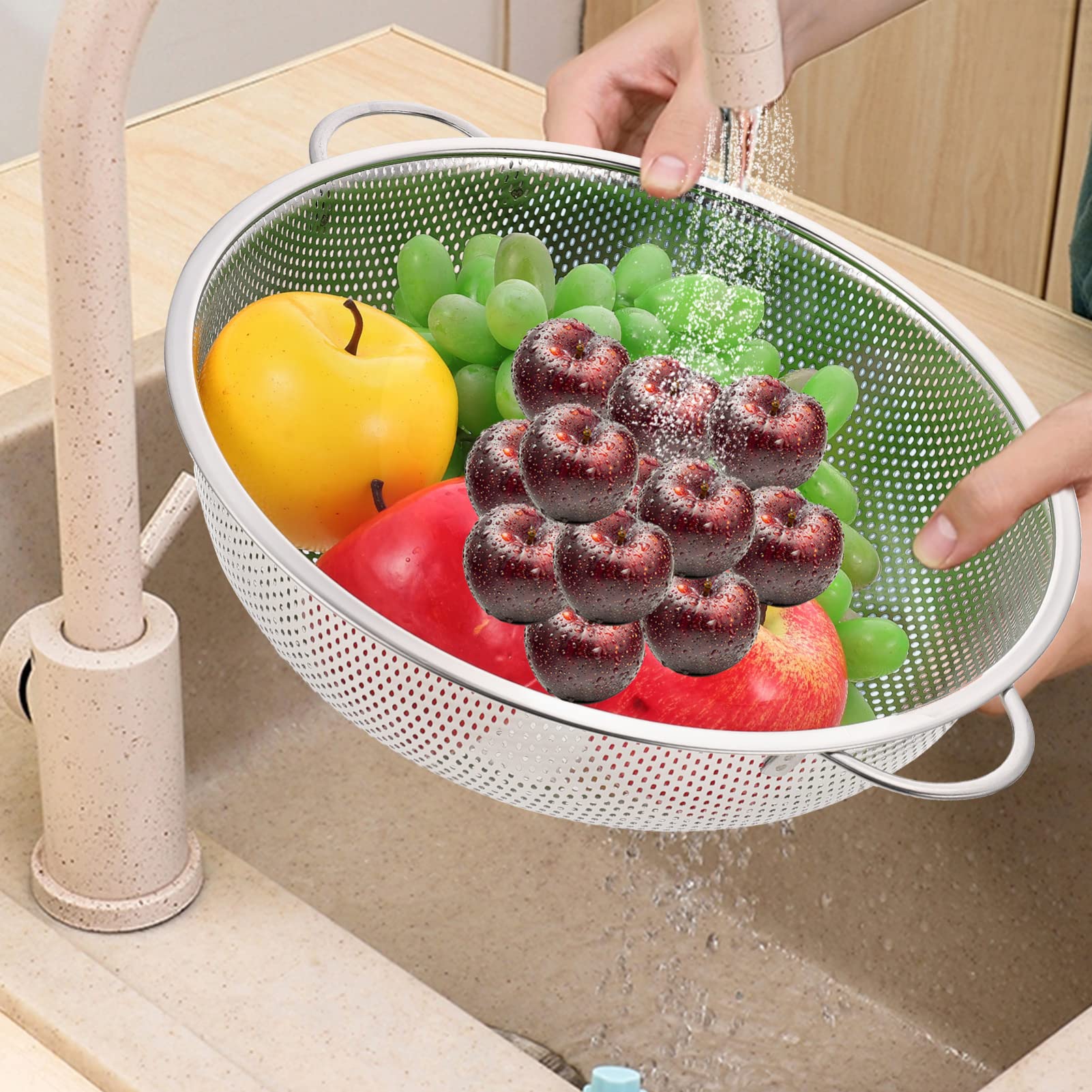 Colador de fideos Colador de malla de acero inoxidable Cestas de colador con asa Cuenco de lavado de arroz de metal de 34 cm Cuenco colador de alimentos de cocina Cuenco para pasta Espaguetis Bayas