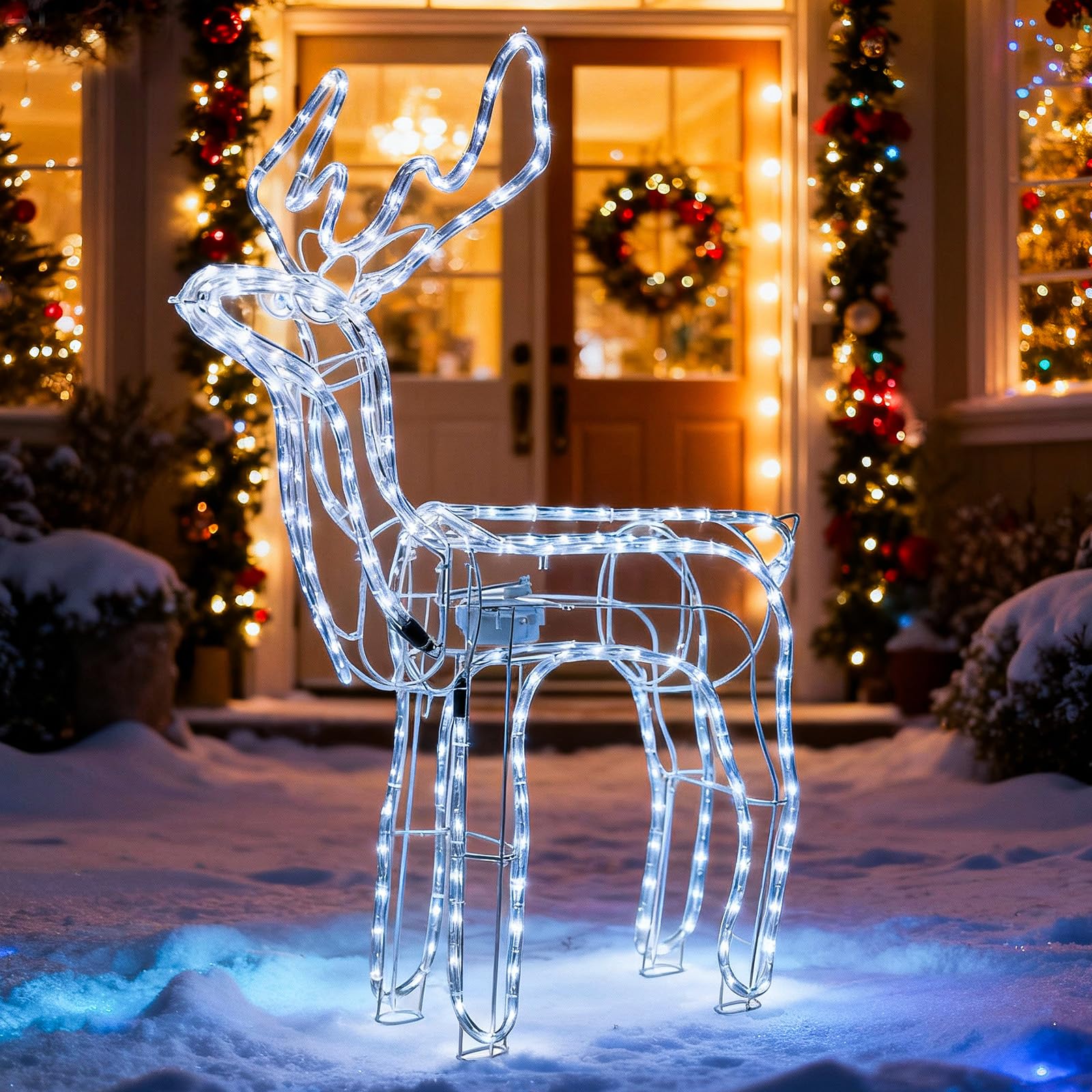 LEDYA Renna di Natale luminosa con testa animata, 216 LED bianco freddo, grande renna luminosa 89 cm, decorazione natalizia da interno/esterno con timer, alimentazione a rete per giardino o veranda