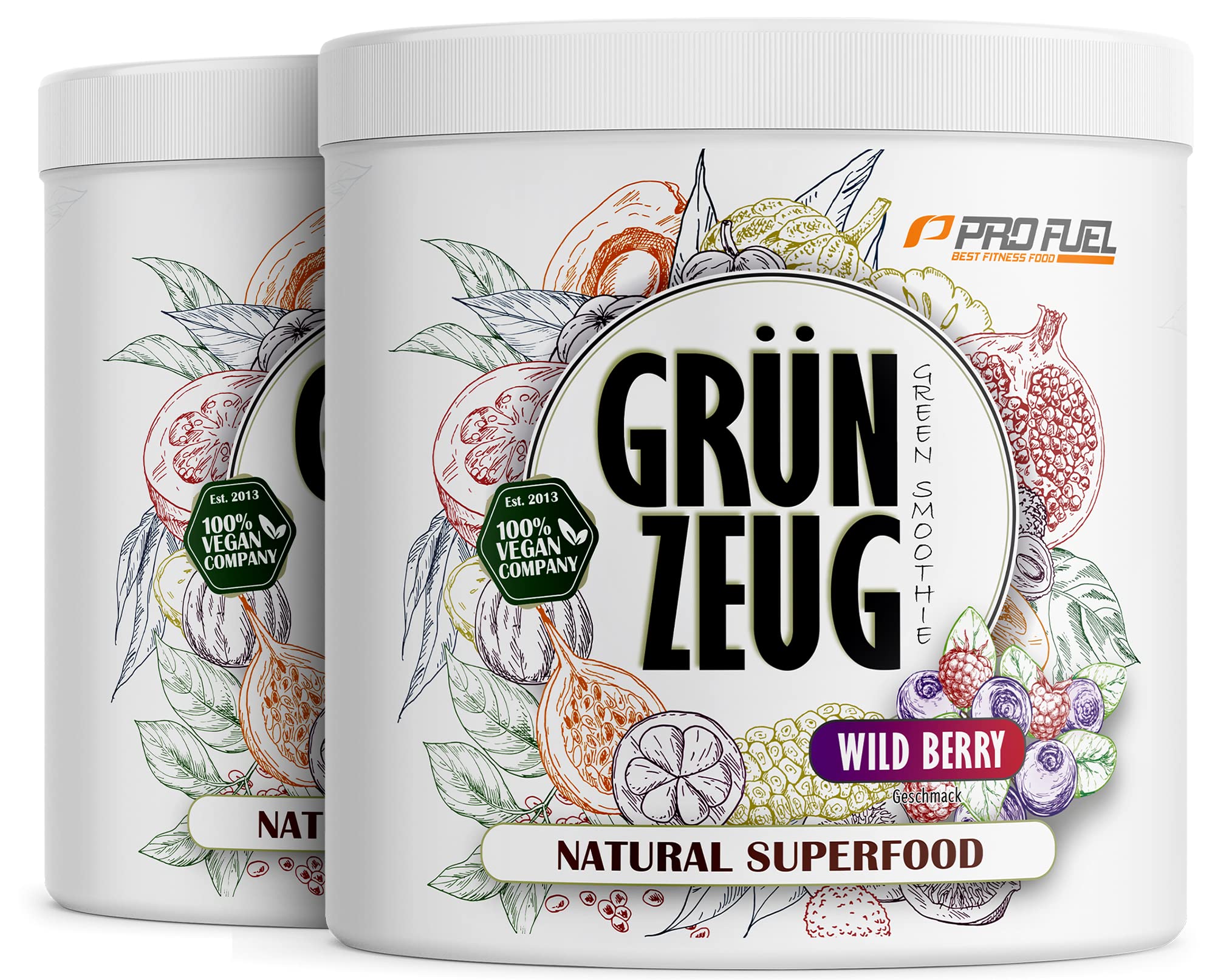 Superfood Drink Pulver WILD BERRY 2x300g - natürliche Vitamine, Mineralstoffe & Antioxidantien - das Beste aus über 40 Sorten Obst, Gemüse, Algen und Gräsern - GRÜNZEUG Smoothie Pulver - 100% vegan
