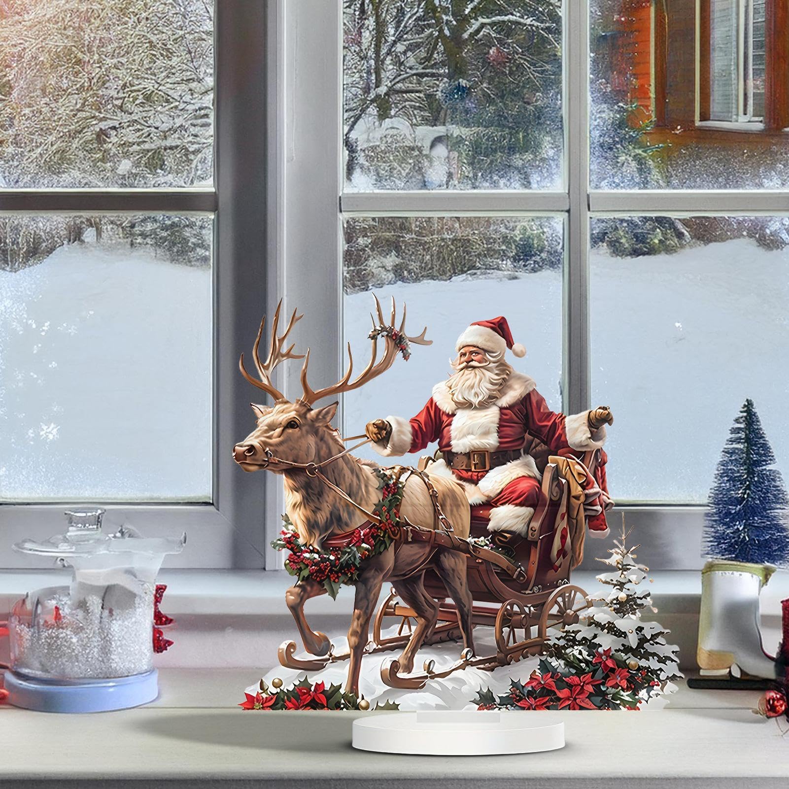 Acrylic Christmas Santa Sleigh Figurine | Festive 2D Santa and