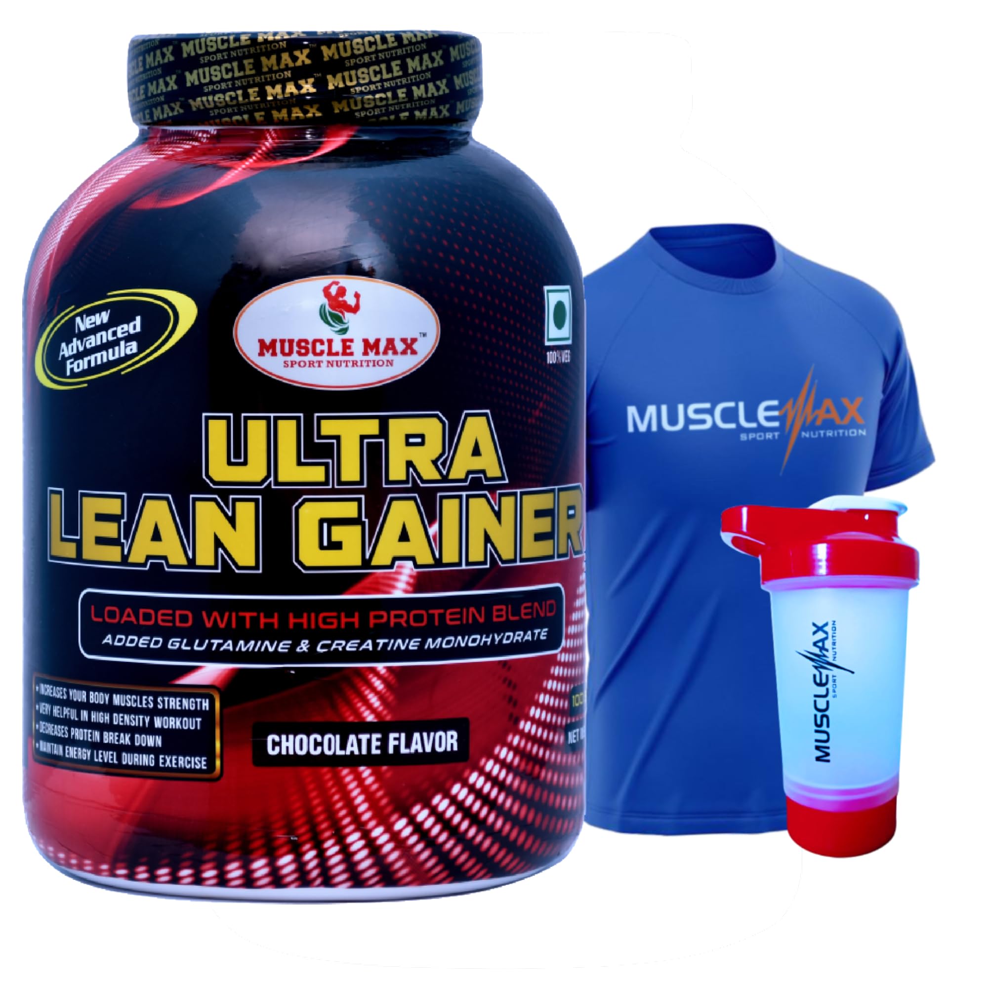 Muscle Max Sport Nutrition Ultra Lean Gainer Loaded with High Protein Blend Easy Ddigesting with Glutamine and Creatine Monohydrate Weight 3kg 6.6lbs With Free Tshirt and Shaker (Chocolate)
