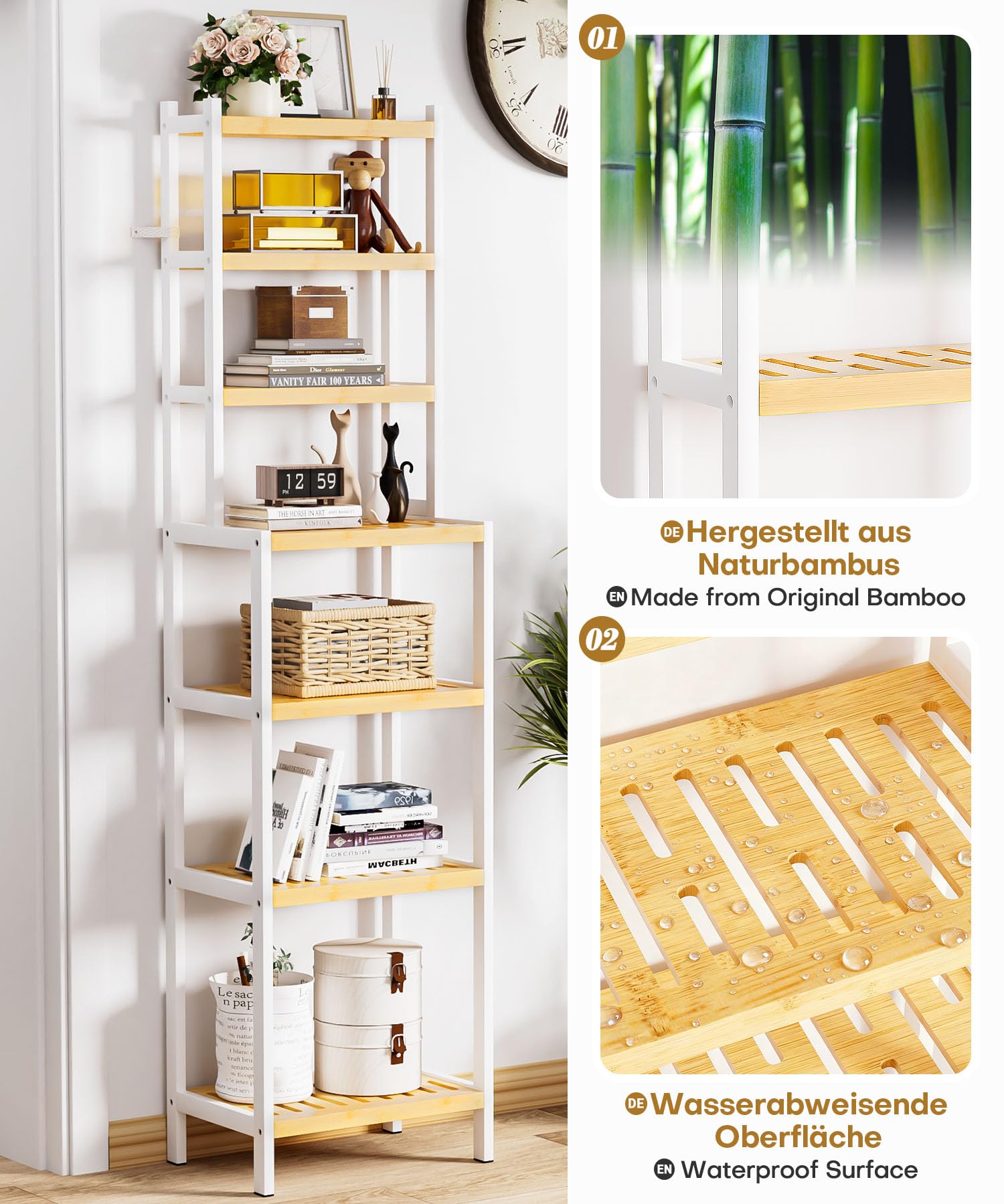 Yorbay 7 Ebenen Bambus Regal: Badregal Standregal Schmal mit Kippsicherung | 110kg Gesamttragkraft Platzsparendes Küchenregal für Schmalen Raum - Stabiles Bambusregal Weiß für Flur Balkon-Pflanzenregal