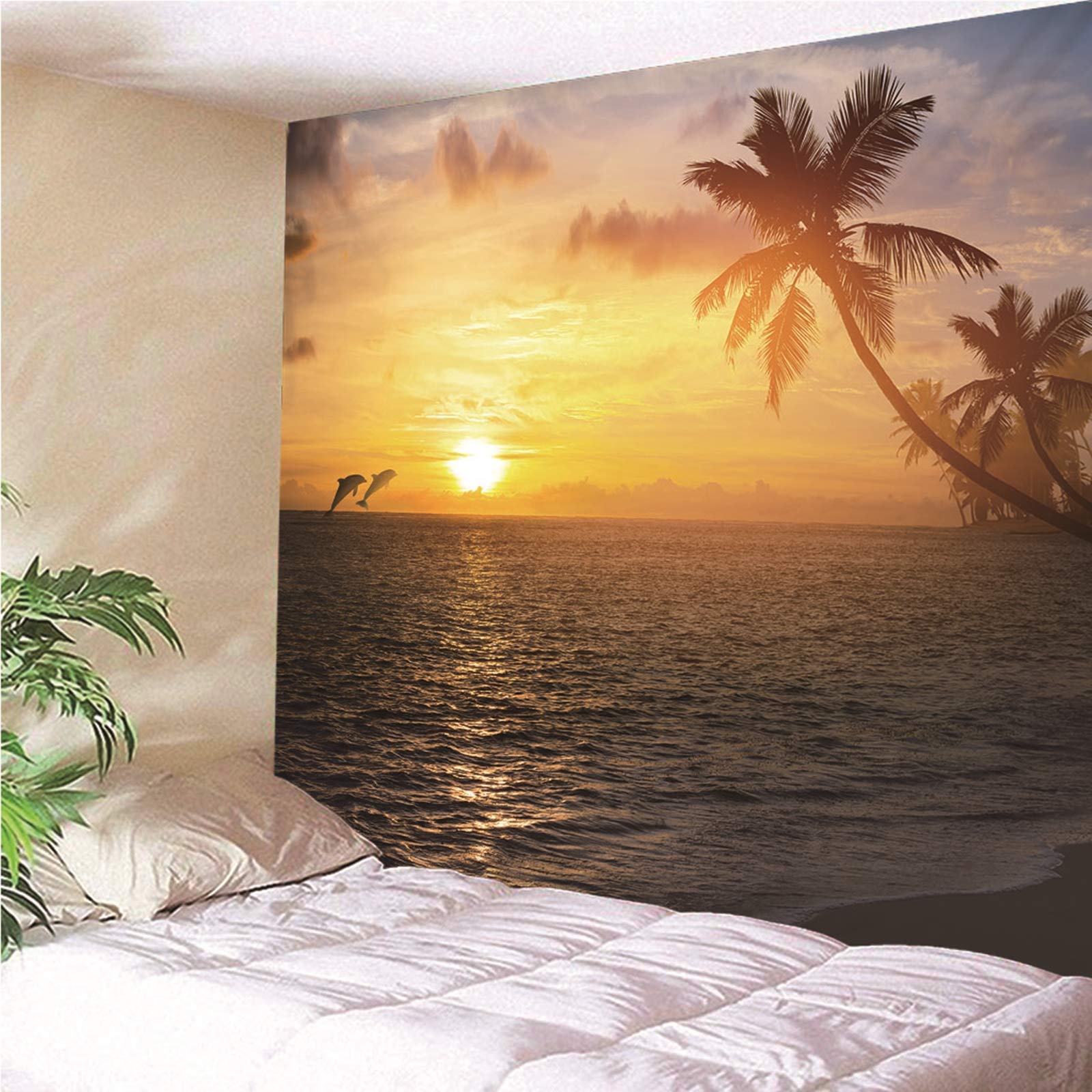 Beydodo Tapisserie Vorhang Sonnenuntergang Delfin Kokospalme Wandbehang Wohnzimmer 300x260CM Wandteppich Nordisch