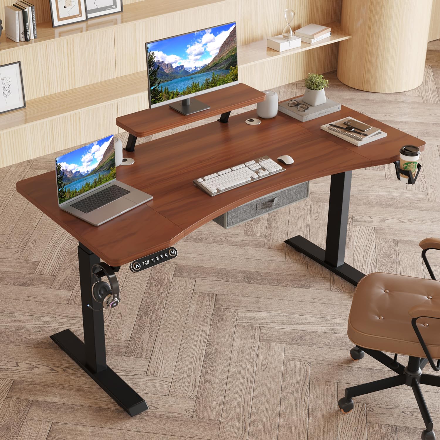 63x30 Inches Dual Motor Electric Standing Desk with Drawer, Adjustable Height Sit Stand Up Desk with Storage Shelf, Home Office Desk Computer Workstation with Dark Walnut Top/Black Frame