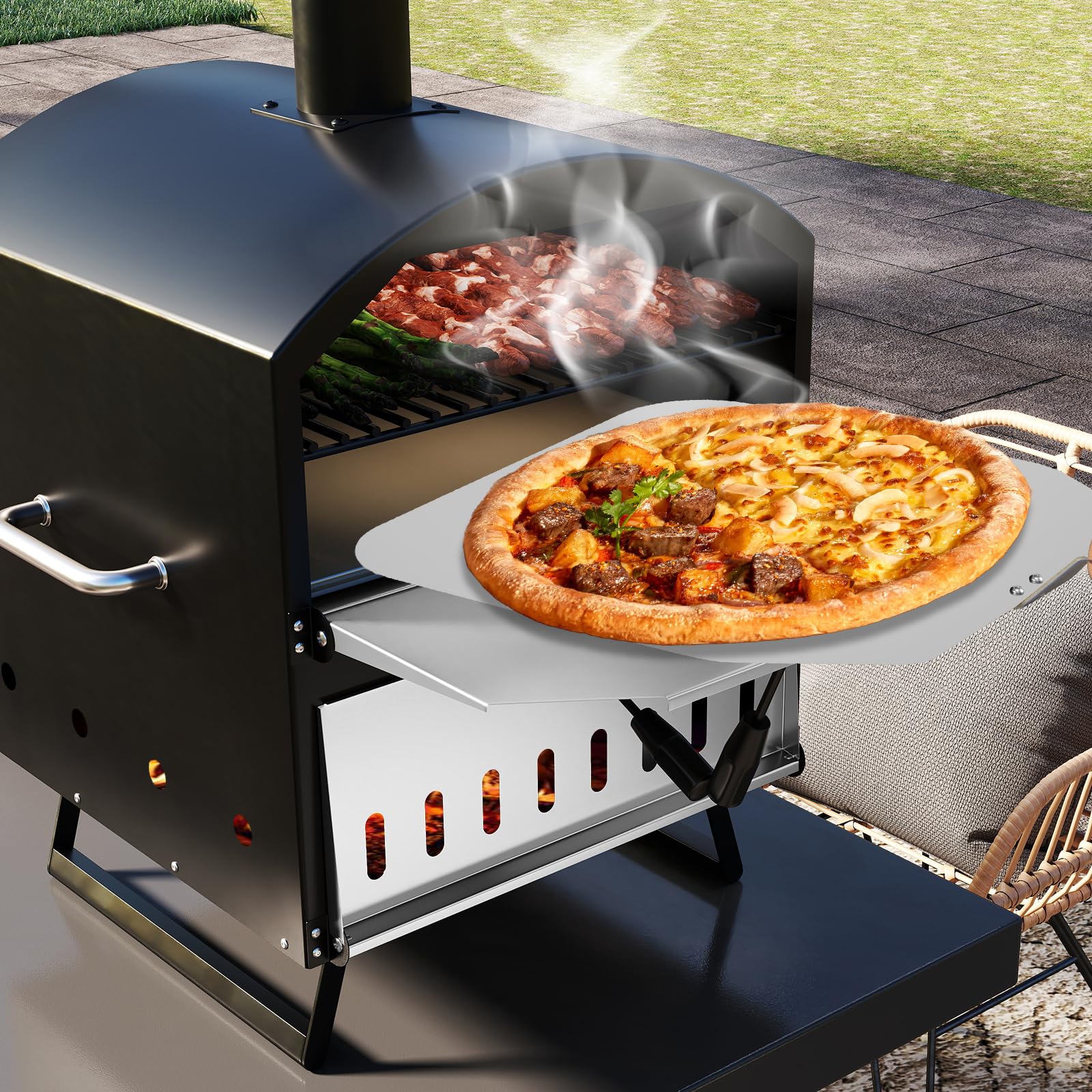 KOMFOTTEU Forno per Pizza da Esterno con 2 Strati, Griglia in Legno Portatile con Copertura Protettiva, Pietra per Pizza, Pala per Pizze, Griglia, Forno per Pizze per BBQ, Campeggio, Festa, Nero