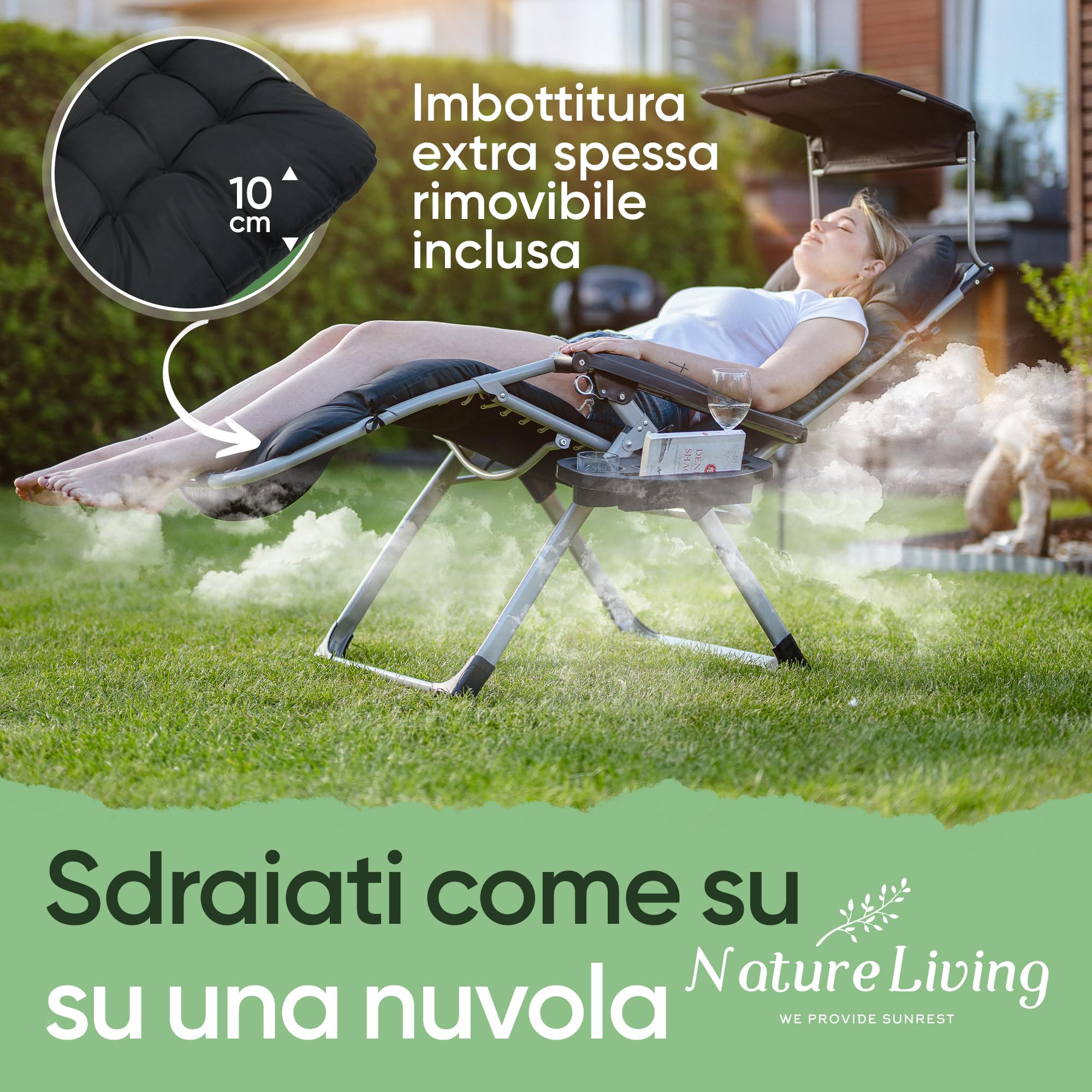 NatureLiving® Sdraio Prendisole Pieghevole con Tettuccio – Robusta, Richiudibile, Resistente alle Intemperie – Lettino da Giardino e Balcone XXL, Reclinabile, Outdoor Relax, Portata 200 kg (Nero)