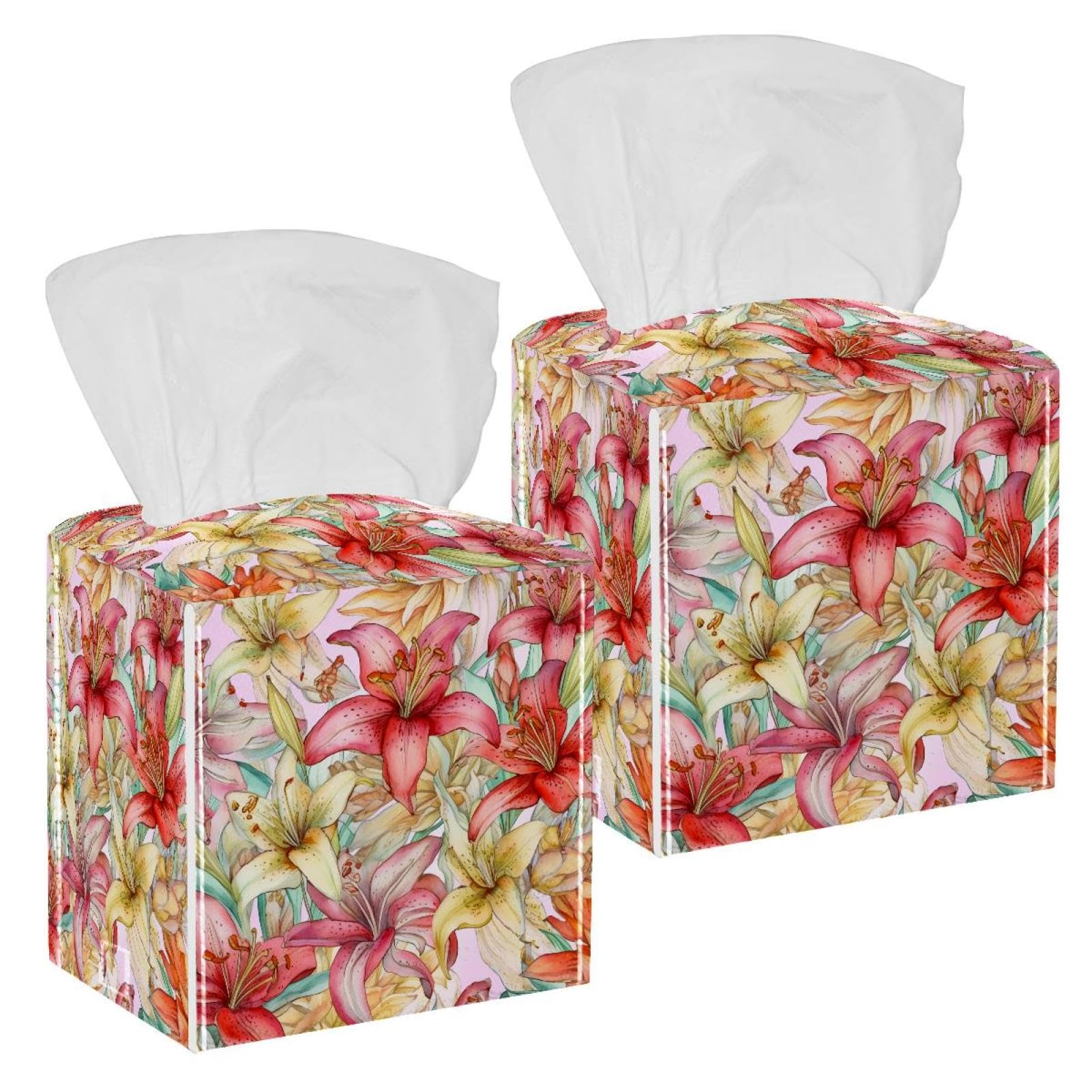 Cartoon Watercolor Lilies Tissue Box Cover, 2 Pack PU Leather Square Facial Tissue Dispenser Box holder for Home Office Car